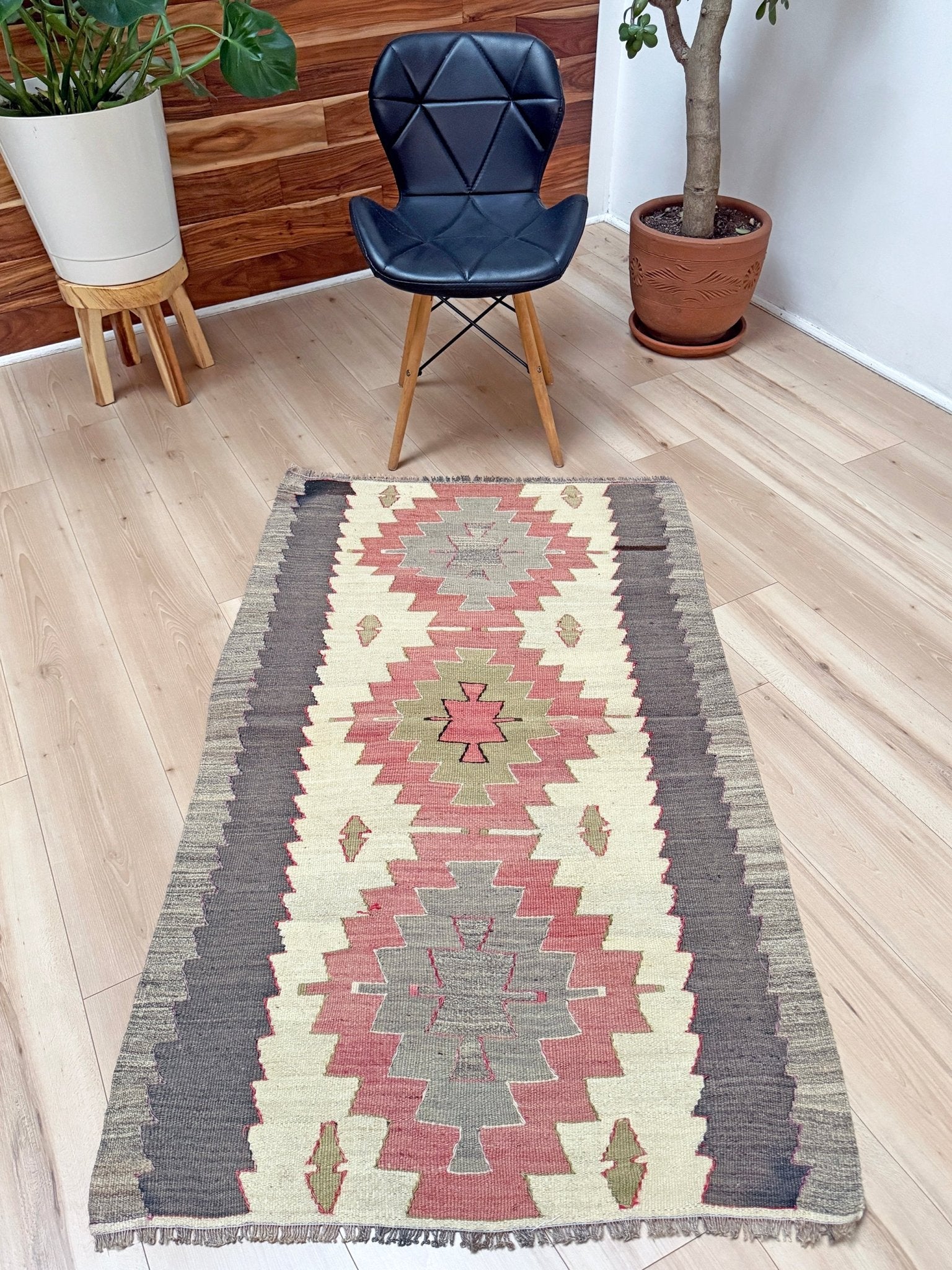 3X5 Navajo style muted turkish kilim wool rug for bedroom nursery kitchen entry tribal flatweave rug  shop san francisco bay area. Handmade wool flatweave rug.