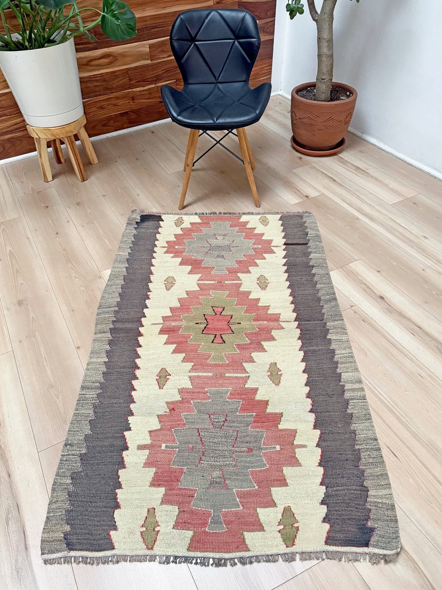 Vintage Mut Turkish kilim  3x5 with pastel tribal medallions in warm ivory, muted rose, dusty sage-green. Handmade Turkish flatweave, 1970s, sold by Indigo Rugs in Burlingame / San Francisco Bay Area.