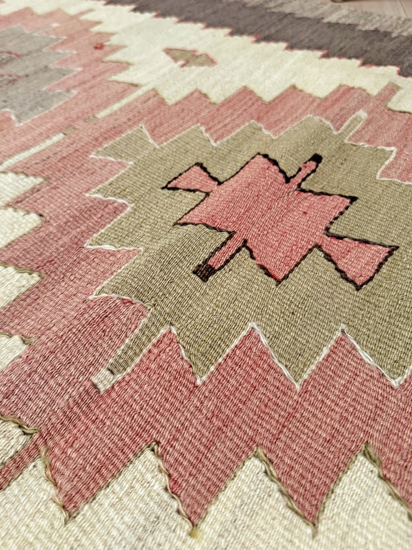 Pastel Vintage Mut Turkish kilim  3x5 with pastel tribal medallions. Handmade Turkish flatweave rug shop rug cleaning  Indigo Rugs in Burlingame / San Francisco Bay Area.