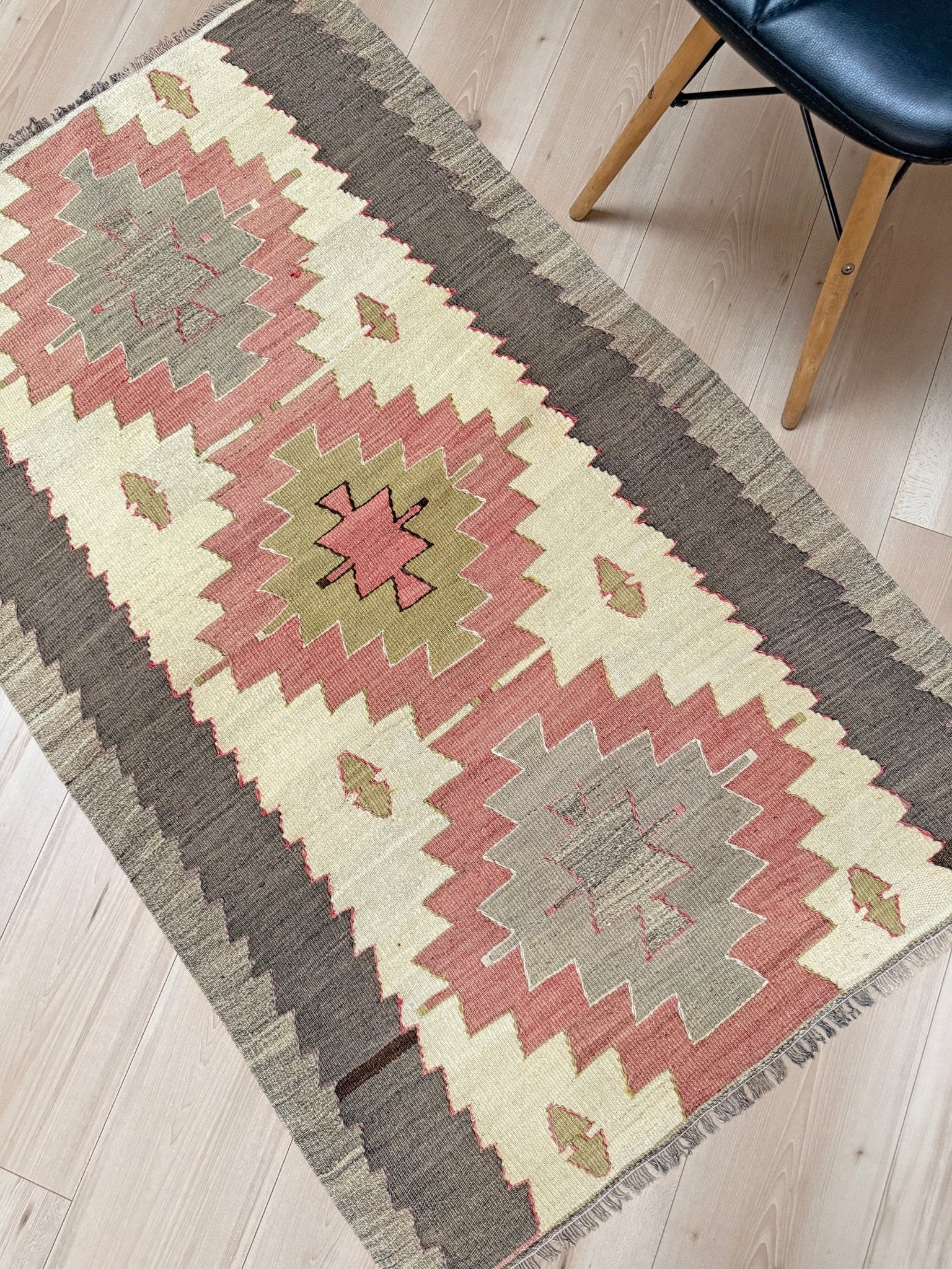 Pastel Vintage Mut Turkish kilim  3x5 with pastel tribal medallions. Handmade Turkish flatweave rug shop rug cleaning  Indigo Rugs in Burlingame / San Francisco Bay Area.