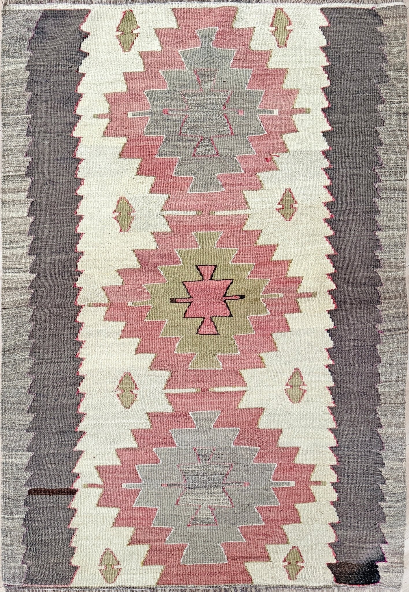 3X5 Navajo style muted turkish kilim wool rug for bedroom nursery kitchen entry tribal flatweave rug  shop san francisco bay area. Handmade wool flatweave rug.