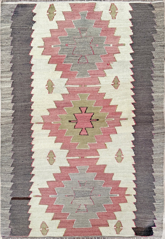 3X5 Navajo style muted turkish kilim wool rug for bedroom nursery kitchen entry tribal flatweave rug  shop san francisco bay area. Handmade wool flatweave rug.