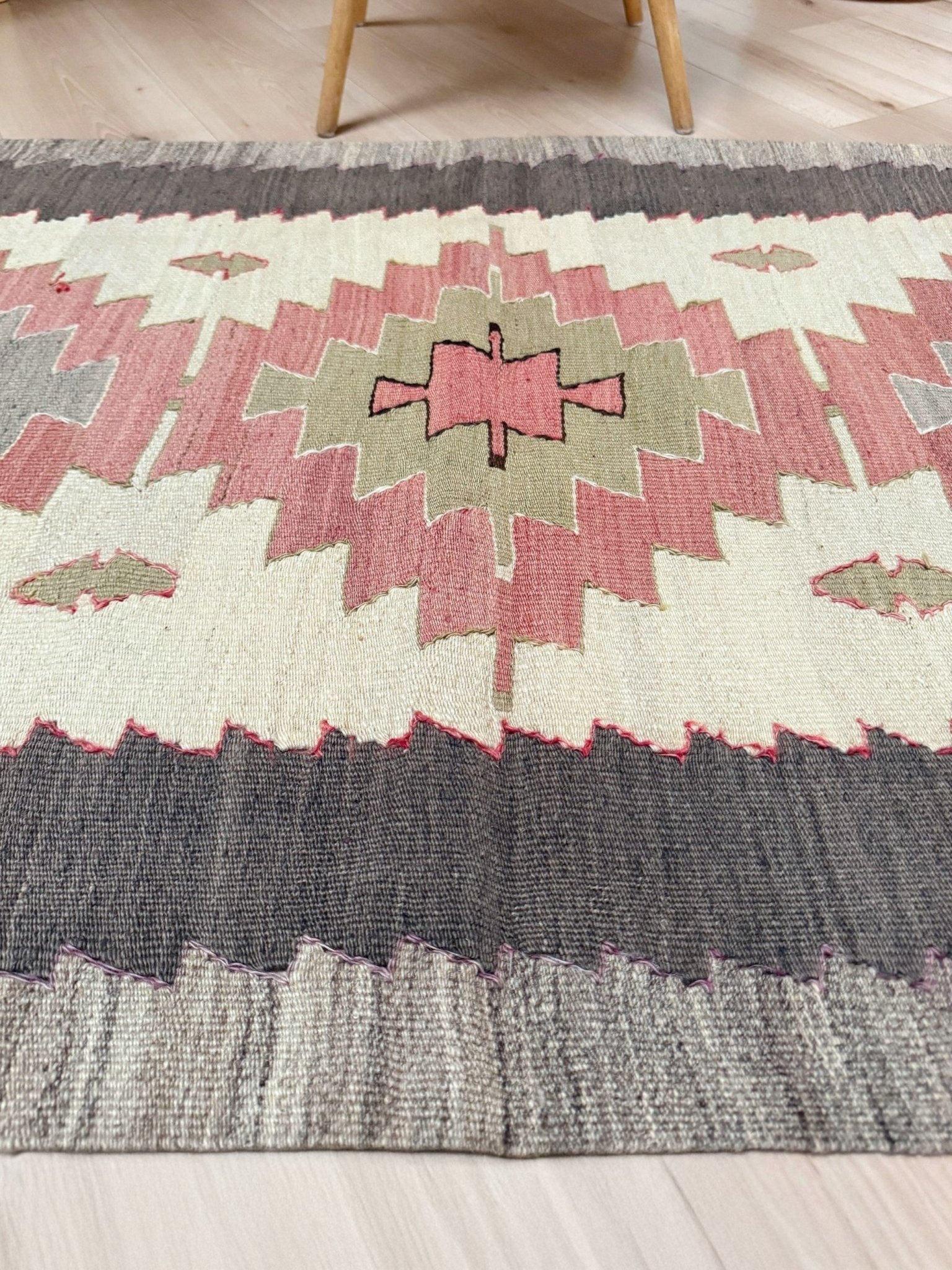 Pastel Vintage Mut Turkish kilim  3x5 with pastel tribal medallions. Handmade Turkish flatweave rug shop rug cleaning  Indigo Rugs in Burlingame / San Francisco Bay Area.
