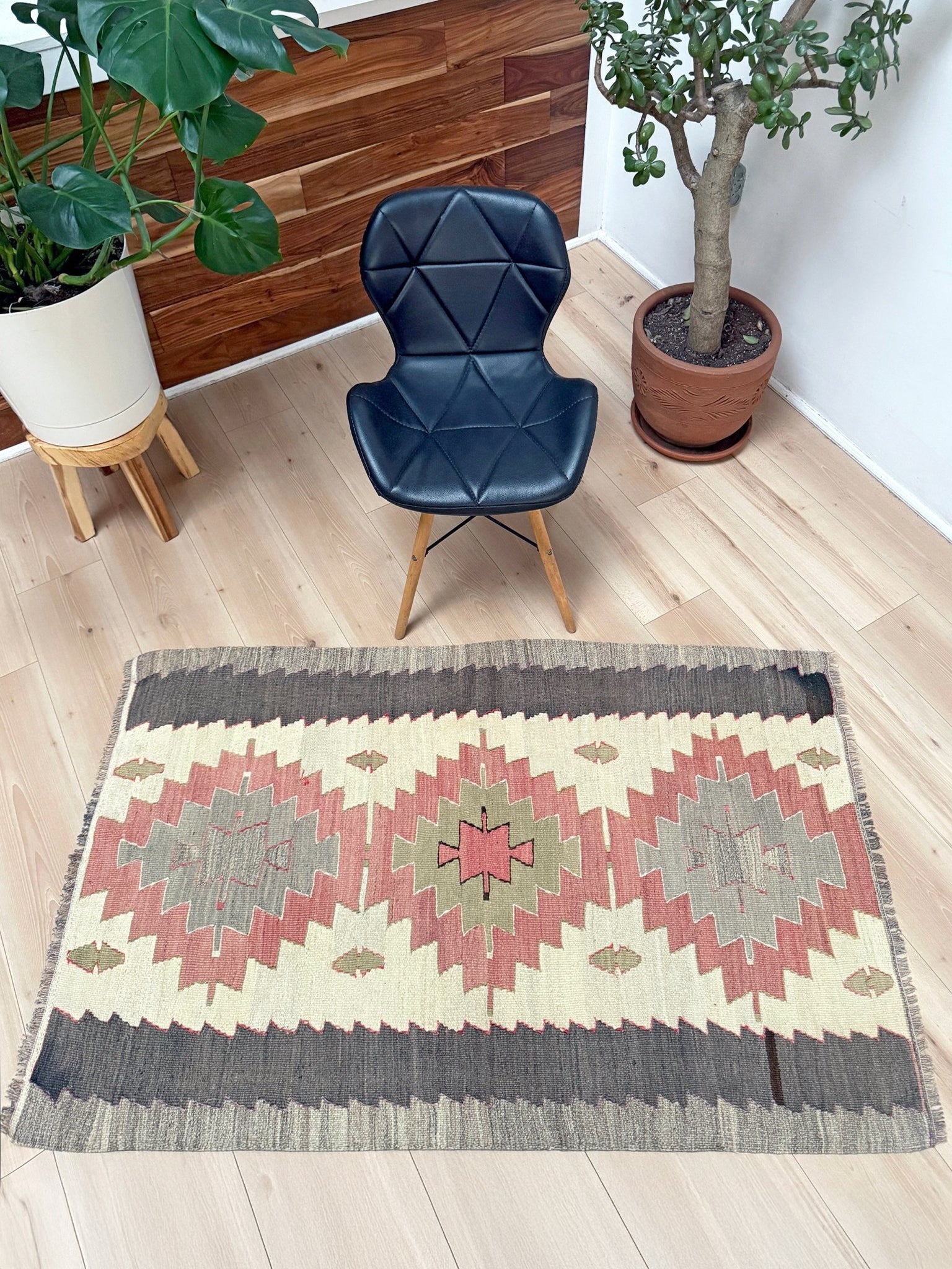 Vintage Mut Turkish kilim  3x5 with pastel tribal medallions in warm ivory, muted rose, dusty sage-green. Handmade Turkish flatweave rug shop rug cleaning  Indigo Rugs in Burlingame / San Francisco Bay Area.