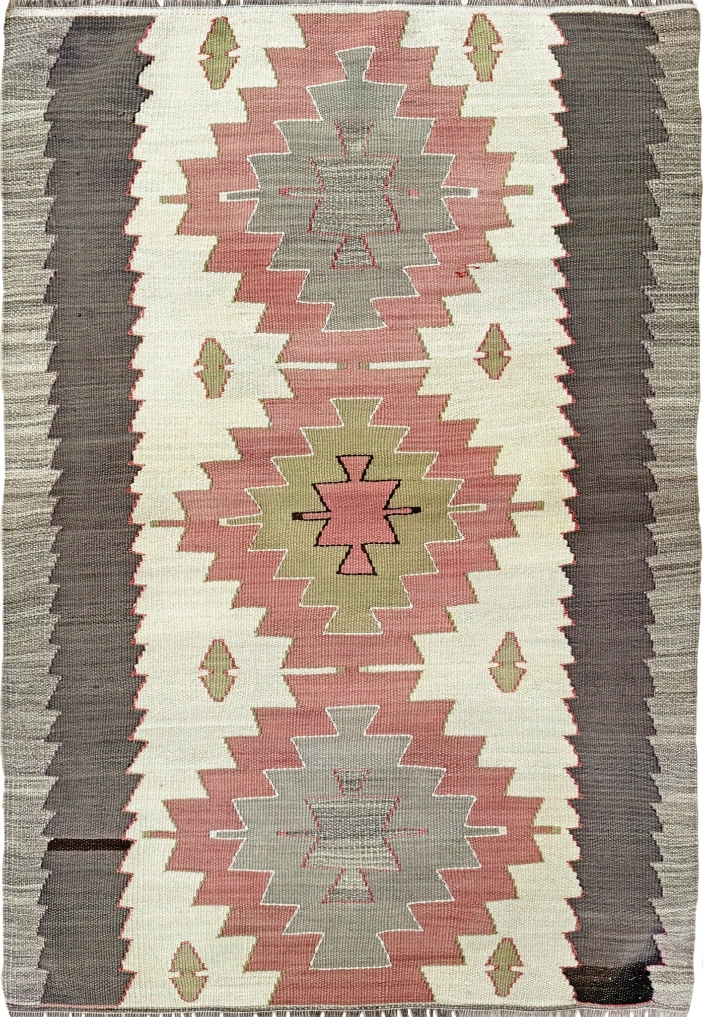 Vintage Mut Turkish kilim  3x5 with pastel tribal medallions in warm ivory, muted rose, dusty sage-green. Handmade Turkish flatweave, 1970s, sold by Indigo Rugs in Burlingame / San Francisco Bay Area.