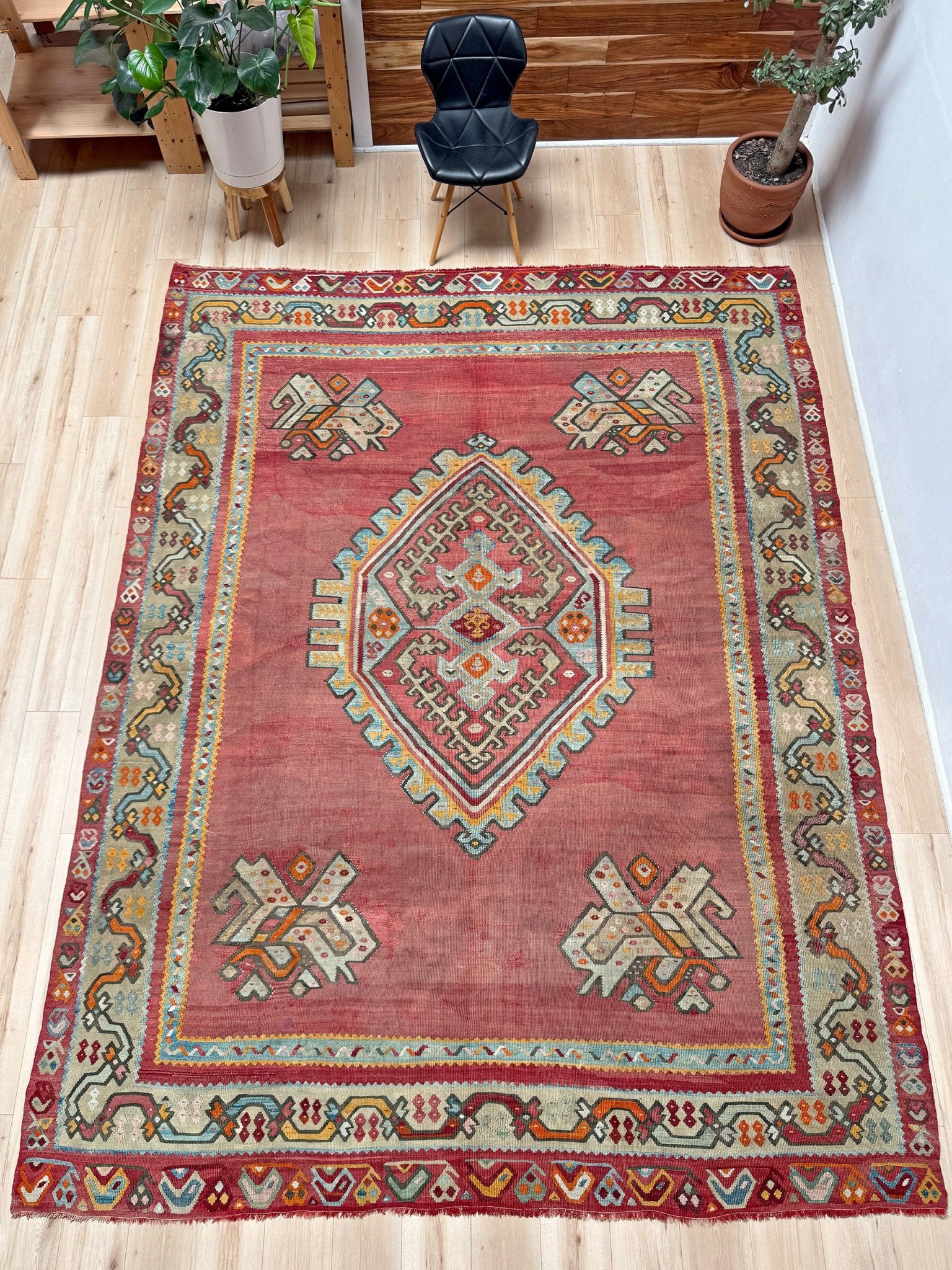 Muted brick red 1920s handmade Oushak Turkish kilim rug with red field and Elibelinde motif, perfect for boho or floral decor styles in living room, bedroom, kitchen, or dining room; available from top-rated rug shop in San Mateo, SF Bay Area with free shipping.