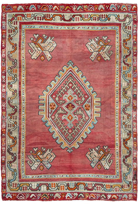 Muted brick red 1920s handmade Oushak Turkish kilim rug with red field and Elibelinde motif, perfect for boho or floral decor styles in living room, bedroom, kitchen, or dining room; available from top-rated rug shop in San Mateo, SF Bay Area with free shipping.
