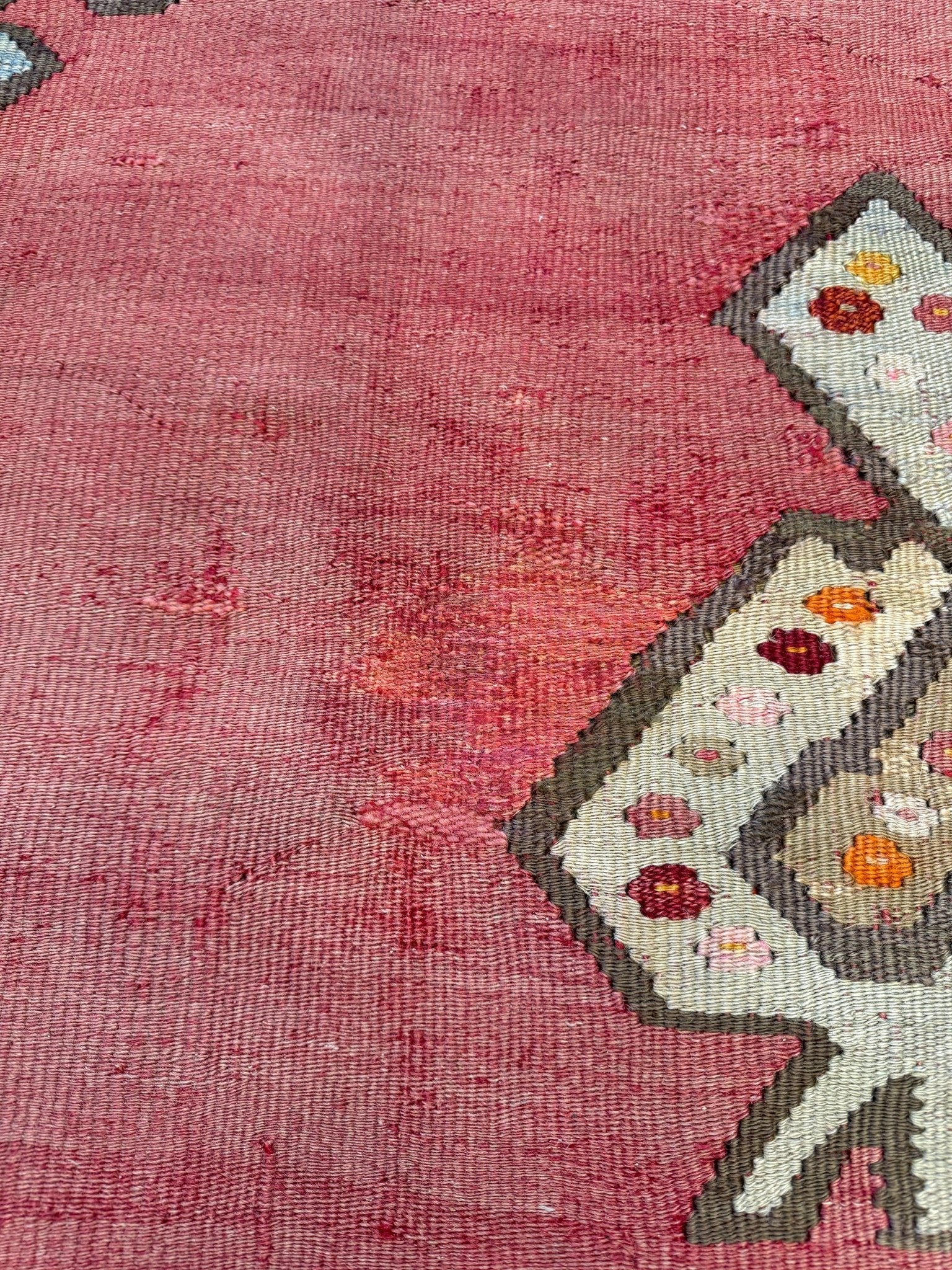 Muted brick red 1920s handmade Oushak Turkish kilim rug with red field and Elibelinde motif, perfect for boho or floral decor styles in living room, bedroom, kitchen, or dining room; available from top-rated rug shop in San Mateo, SF Bay Area with free shipping.