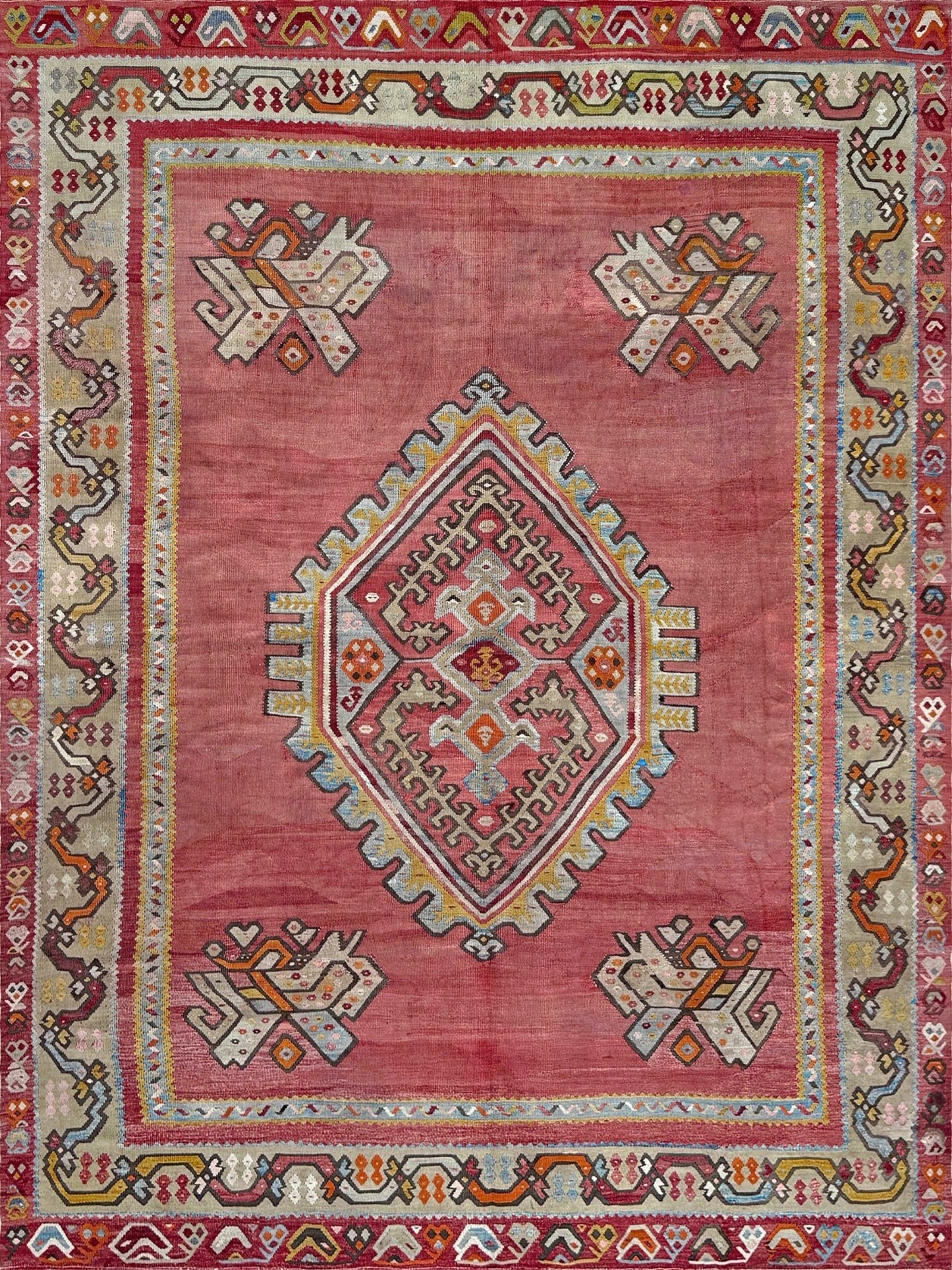 Muted brick red 1920s handmade Oushak Turkish kilim rug with red field and Elibelinde motif, perfect for boho or floral decor styles in living room, bedroom, kitchen, or dining room; available from top-rated rug shop in San Mateo, SF Bay Area with free shipping.