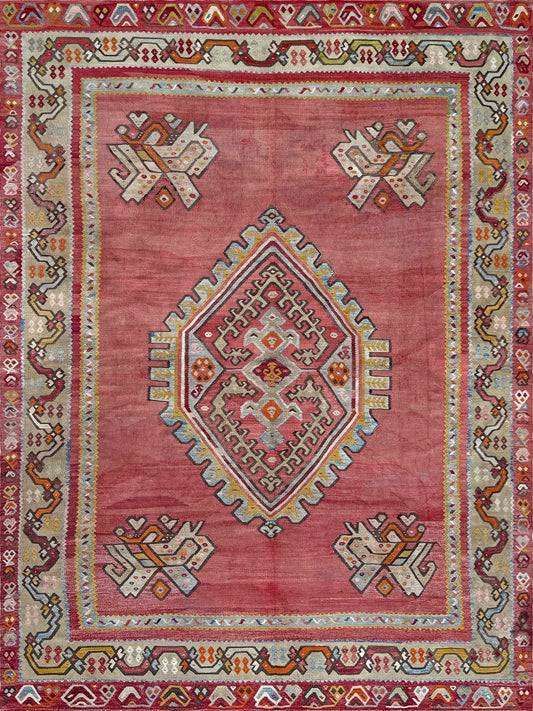 Muted brick red 1920s handmade Oushak Turkish kilim rug with red field and Elibelinde motif, perfect for boho or floral decor styles in living room, bedroom, kitchen, or dining room; available from top-rated rug shop in San Mateo, SF Bay Area with free shipping.