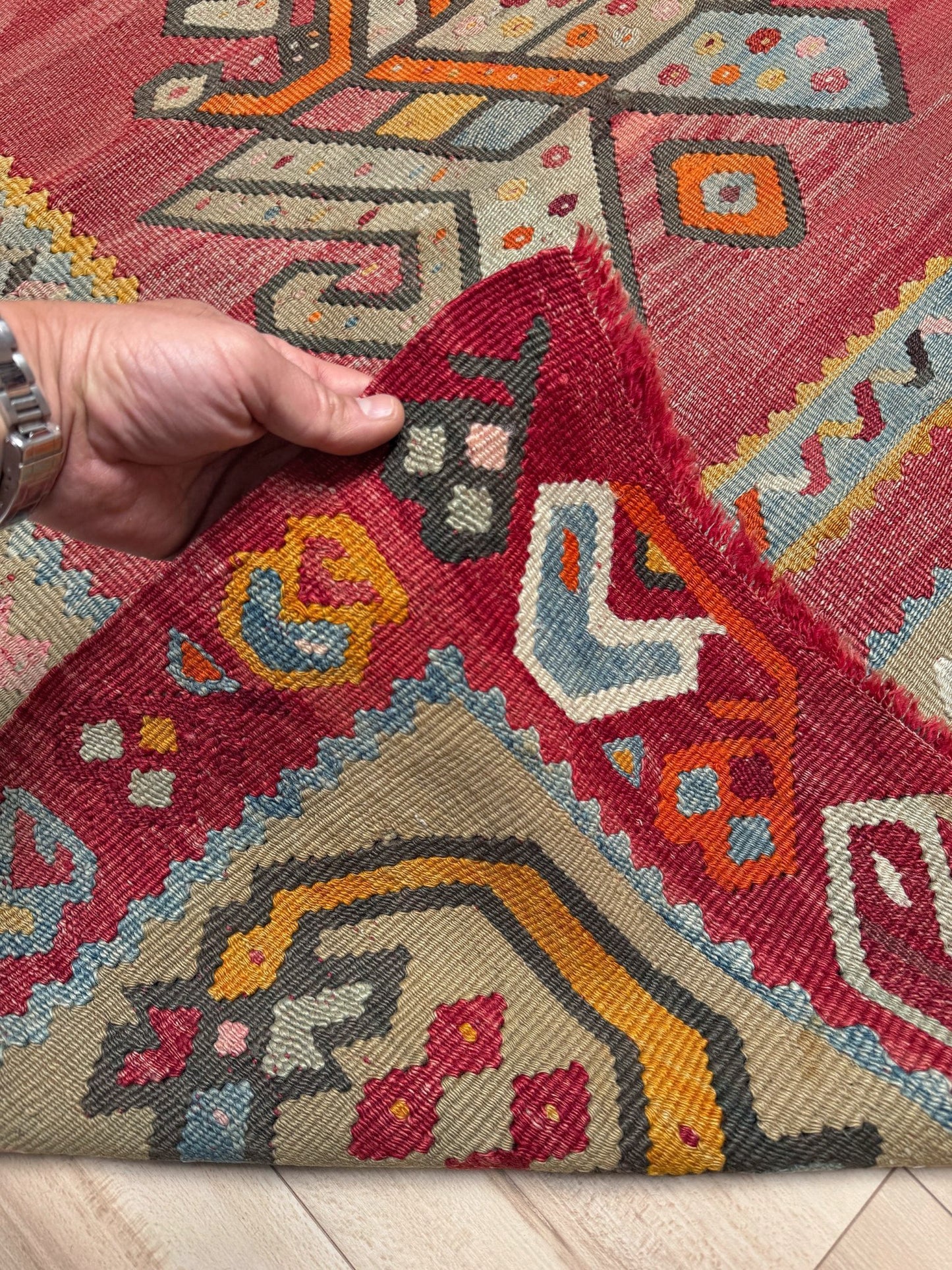 Muted brick red 1920s handmade Oushak Turkish kilim rug with red field and Elibelinde motif, perfect for boho or floral decor styles in living room, bedroom, kitchen, or dining room; available from top-rated rug shop in San Mateo, SF Bay Area with free shipping.