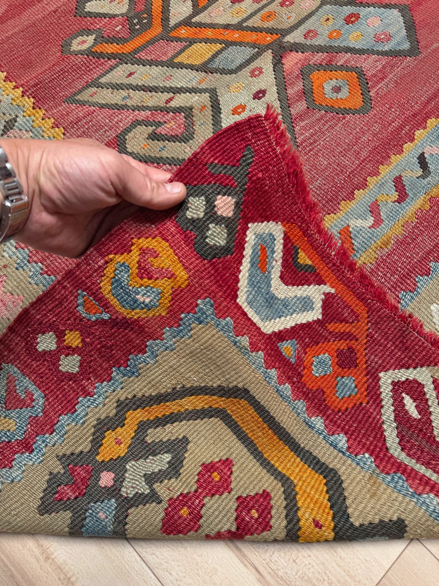 Muted brick red 1920s handmade Oushak Turkish kilim rug with red field and Elibelinde motif, perfect for boho or floral decor styles in living room, bedroom, kitchen, or dining room; available from top-rated rug shop in San Mateo, SF Bay Area with free shipping.