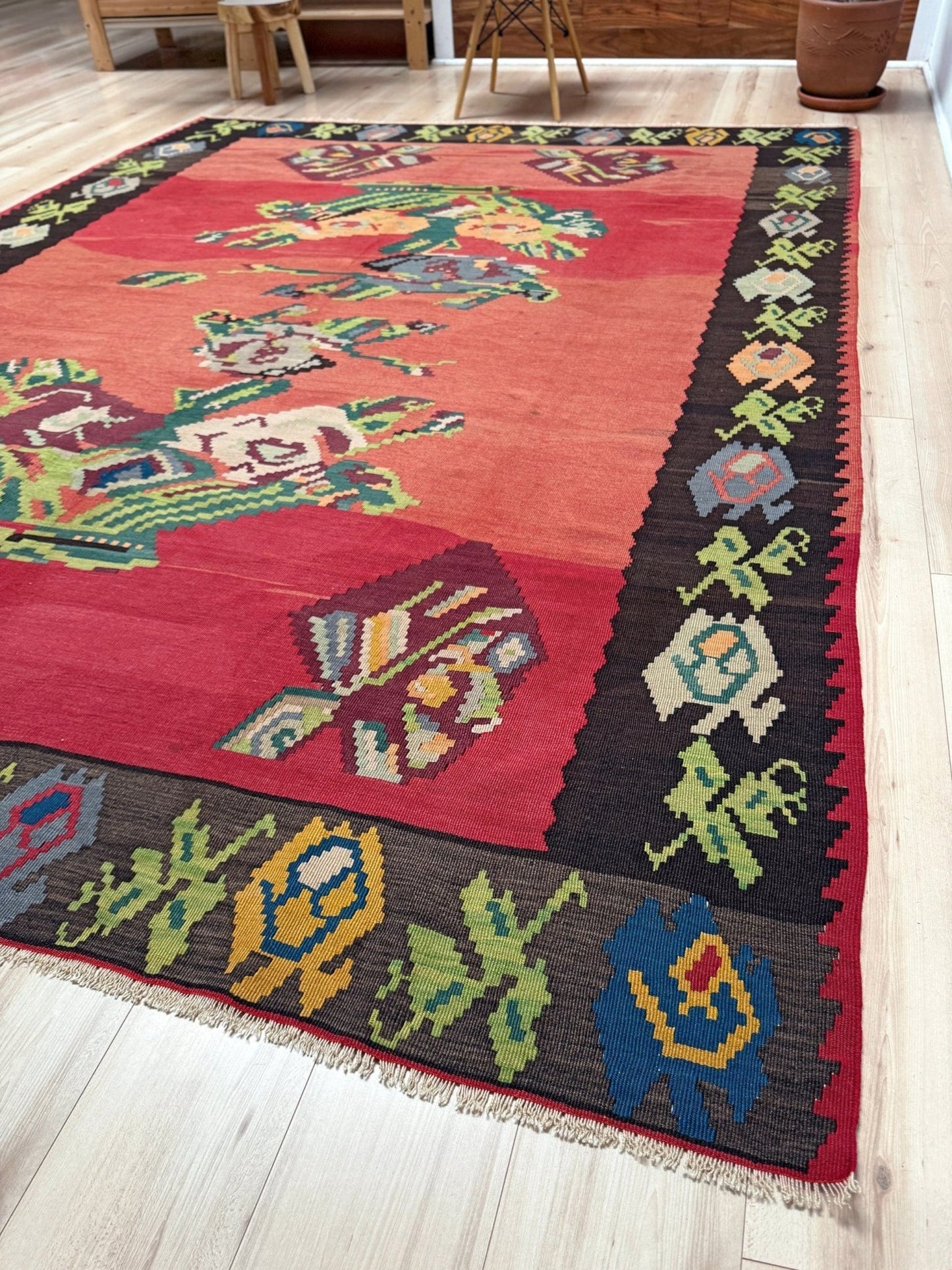 Vintage Bessarabian kilim with rose-red abrash field and floral design, handmade wool 8x10 flatweave rug - perfect for boho or floral decor in living room, bedroom, kitchen, or dining room from the best rug shop in SF Bay Area Burlingame CA