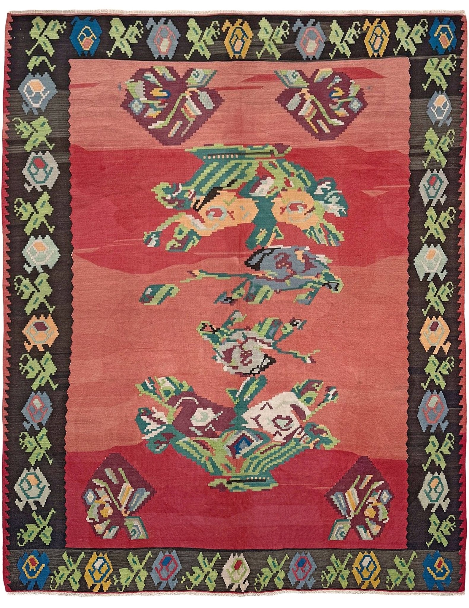 Vintage Bessarabian kilim with rose-red abrash field and floral design, handmade wool 8x10 flatweave rug - perfect for boho or floral decor in living room, bedroom, kitchen, or dining room from the best rug shop in SF Bay Area Burlingame CA