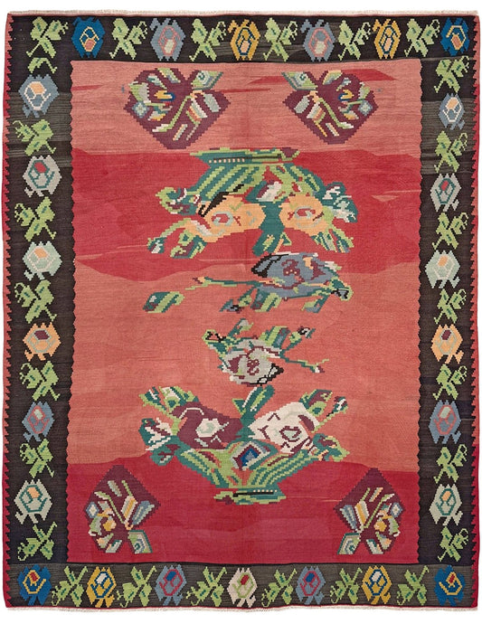 Vintage Bessarabian kilim with rose-red abrash field and floral design, handmade wool 8x10 flatweave rug - perfect for boho or floral decor in living room, bedroom, kitchen, or dining room from the best rug shop in SF Bay Area Burlingame CA