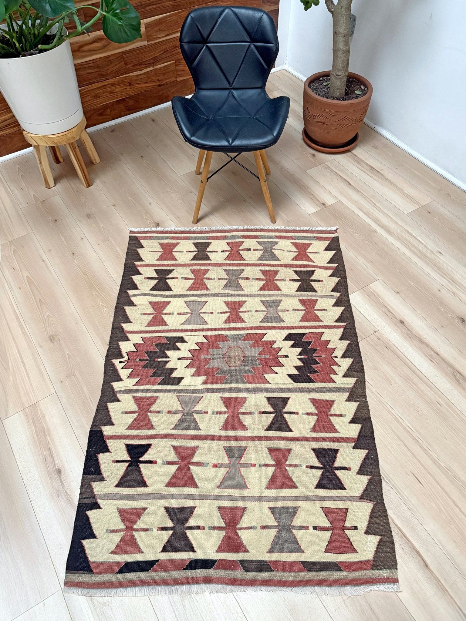 Vintage Mut kilim rug 3x5 with Navajo-style geometric medallions — handwoven Turkish wool flatweave, available at Indigo Rugs, the best rug shop in San Francisco Bay Area, Burlingame CA.