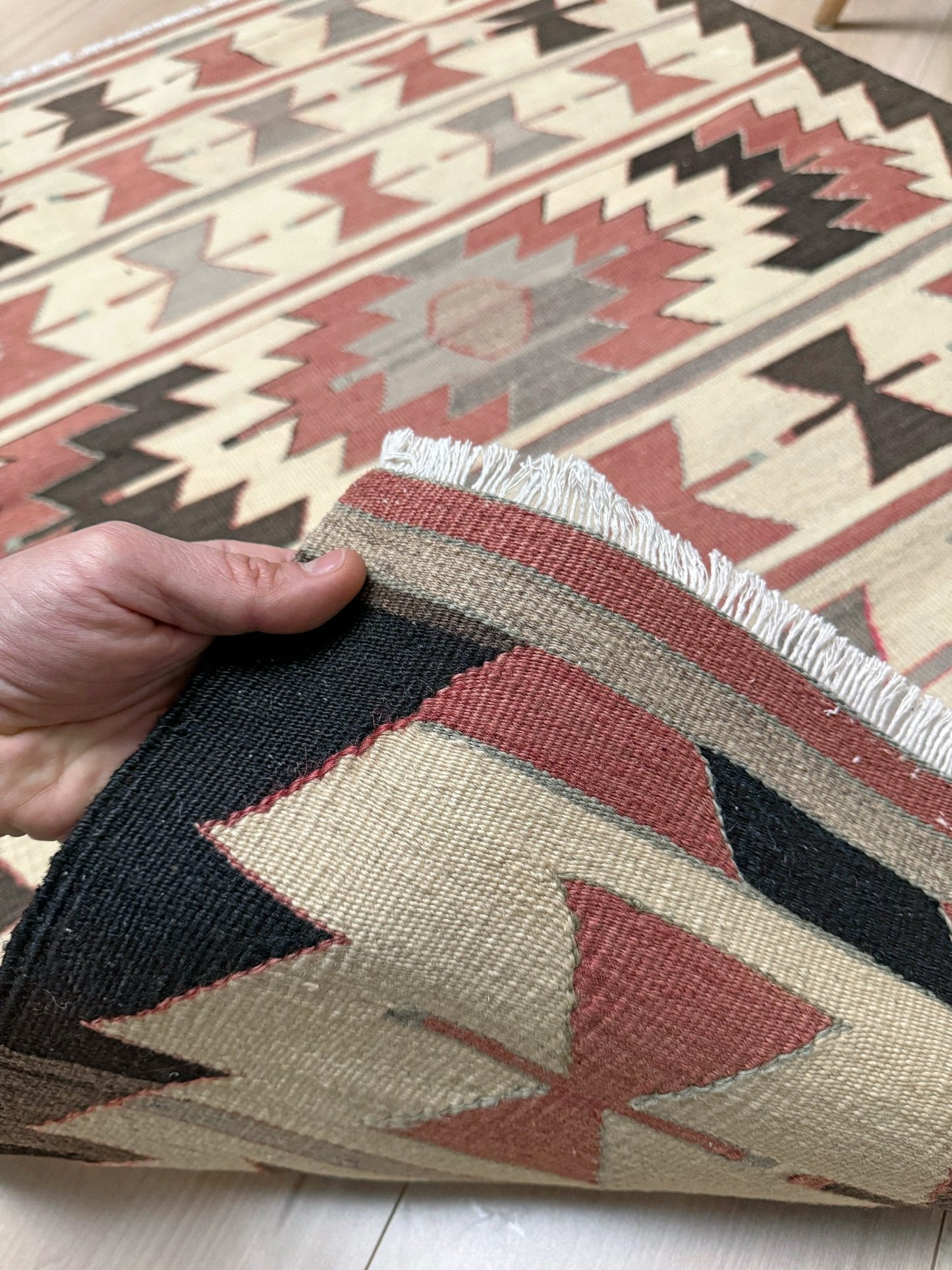 Vintage Mut kilim rug 3x5 with Navajo-style geometric medallions — handwoven Turkish wool flatweave, available at Indigo Rugs, the best rug shop in San Francisco Bay Area, Burlingame CA.