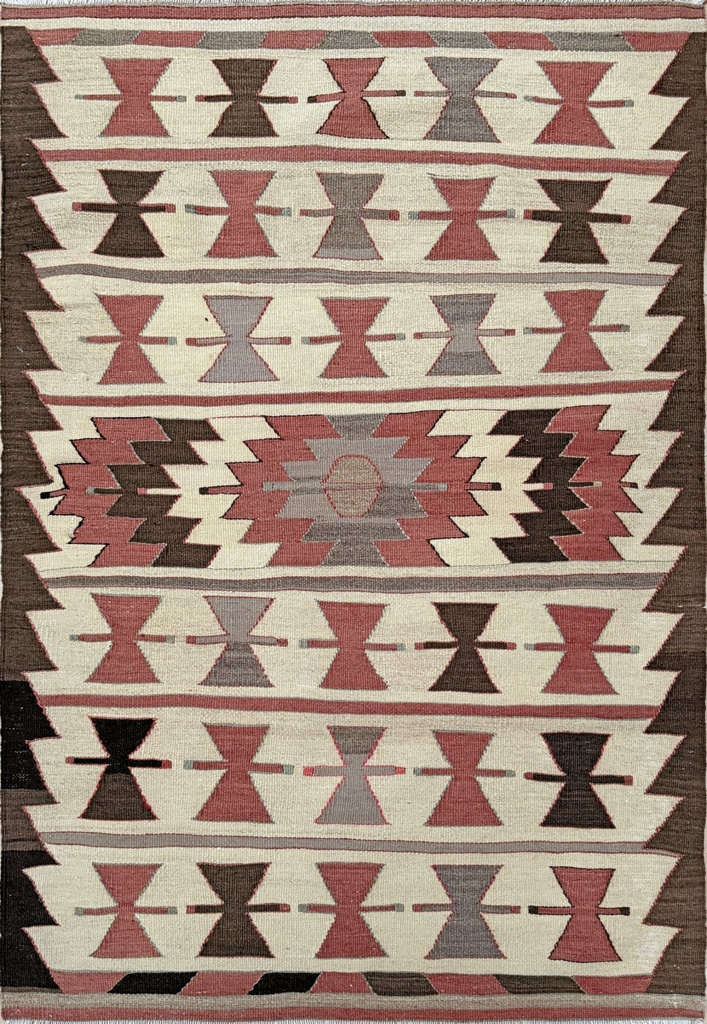 Vintage Mut kilim rug 3x5 with Navajo-style geometric medallions — handwoven Turkish wool flatweave, available at Indigo Rugs, the best rug shop in San Francisco Bay Area, Burlingame CA.