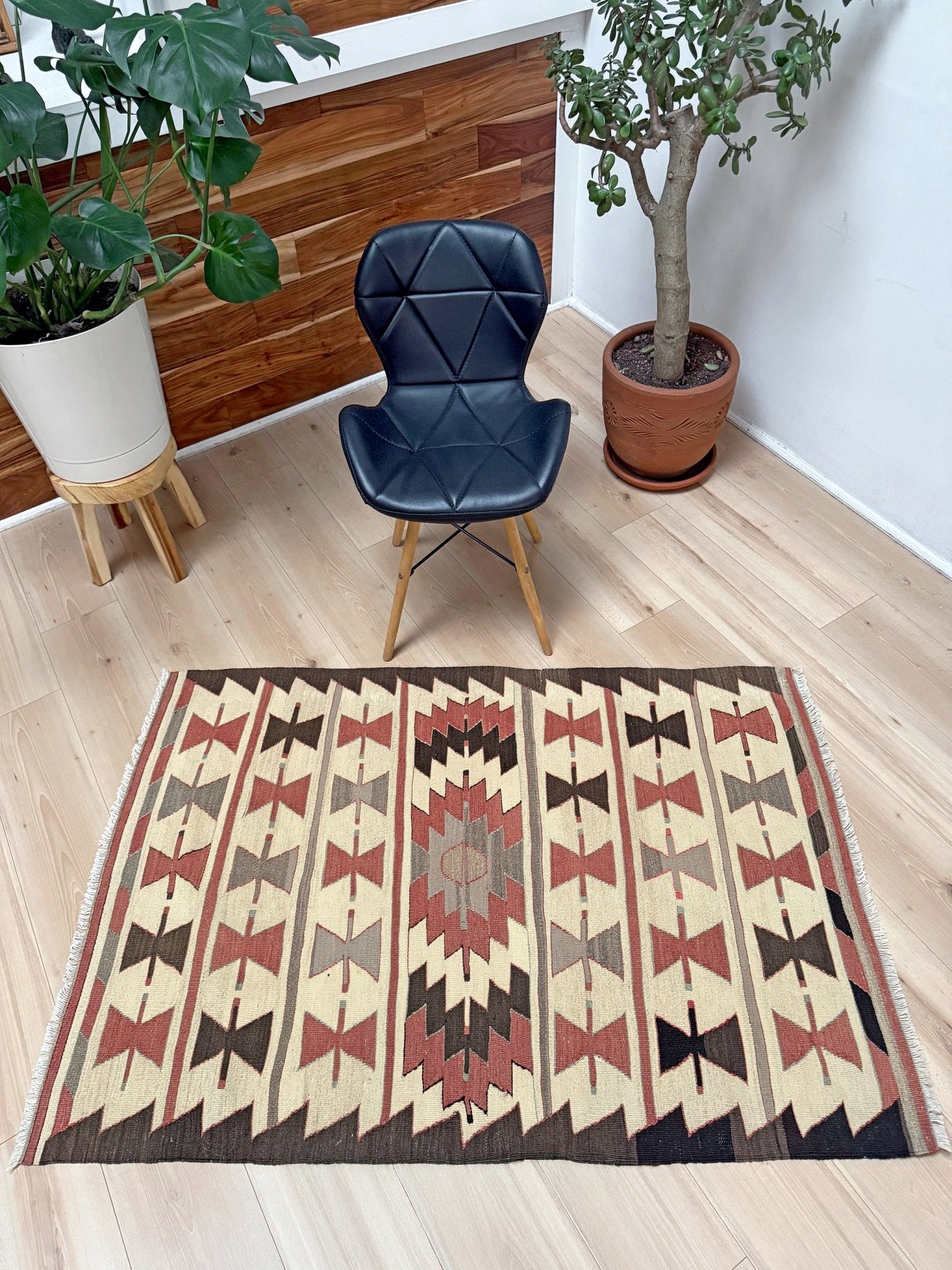 Vintage Mut kilim rug 3x5 with Navajo-style geometric medallions — handwoven Turkish wool flatweave, available at Indigo Rugs, the best rug shop in San Francisco Bay Area, Burlingame CA.