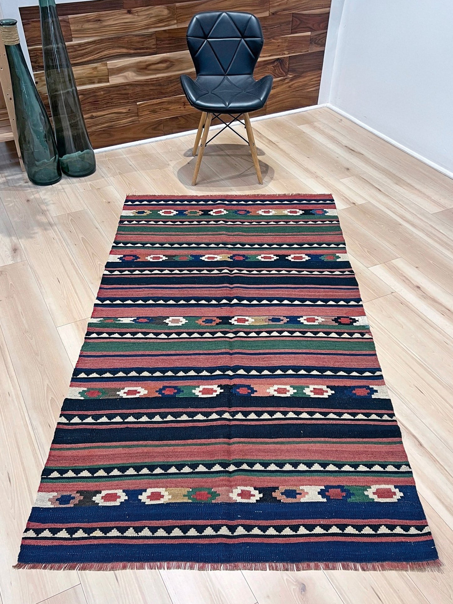 Vintage Caucasian Kilim flatweave rug with rose, green, and navy horizontal stripes and tribal motifs — handmade wool wall hanging from the 1960s, available at Indigo Rugs, the best rug shop in San Francisco Bay Area, Burlingame CA.