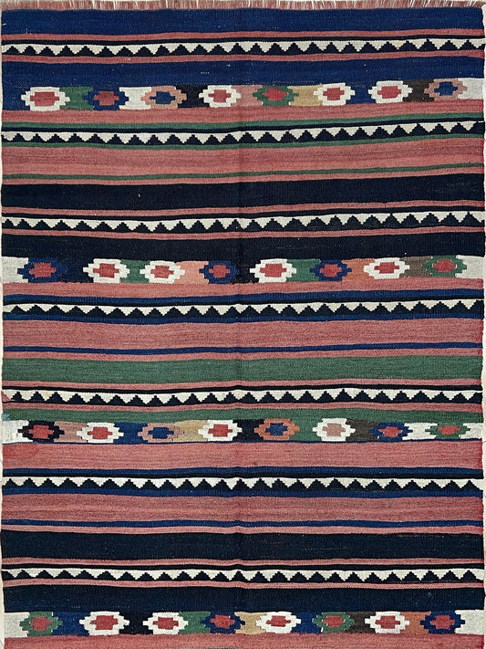 Vintage Caucasian Kilim flatweave rug with rose, green, and navy horizontal stripes and tribal motifs — handmade wool wall hanging from the 1960s, available at Indigo Rugs, the best rug shop in San Francisco Bay Area, Burlingame CA.
