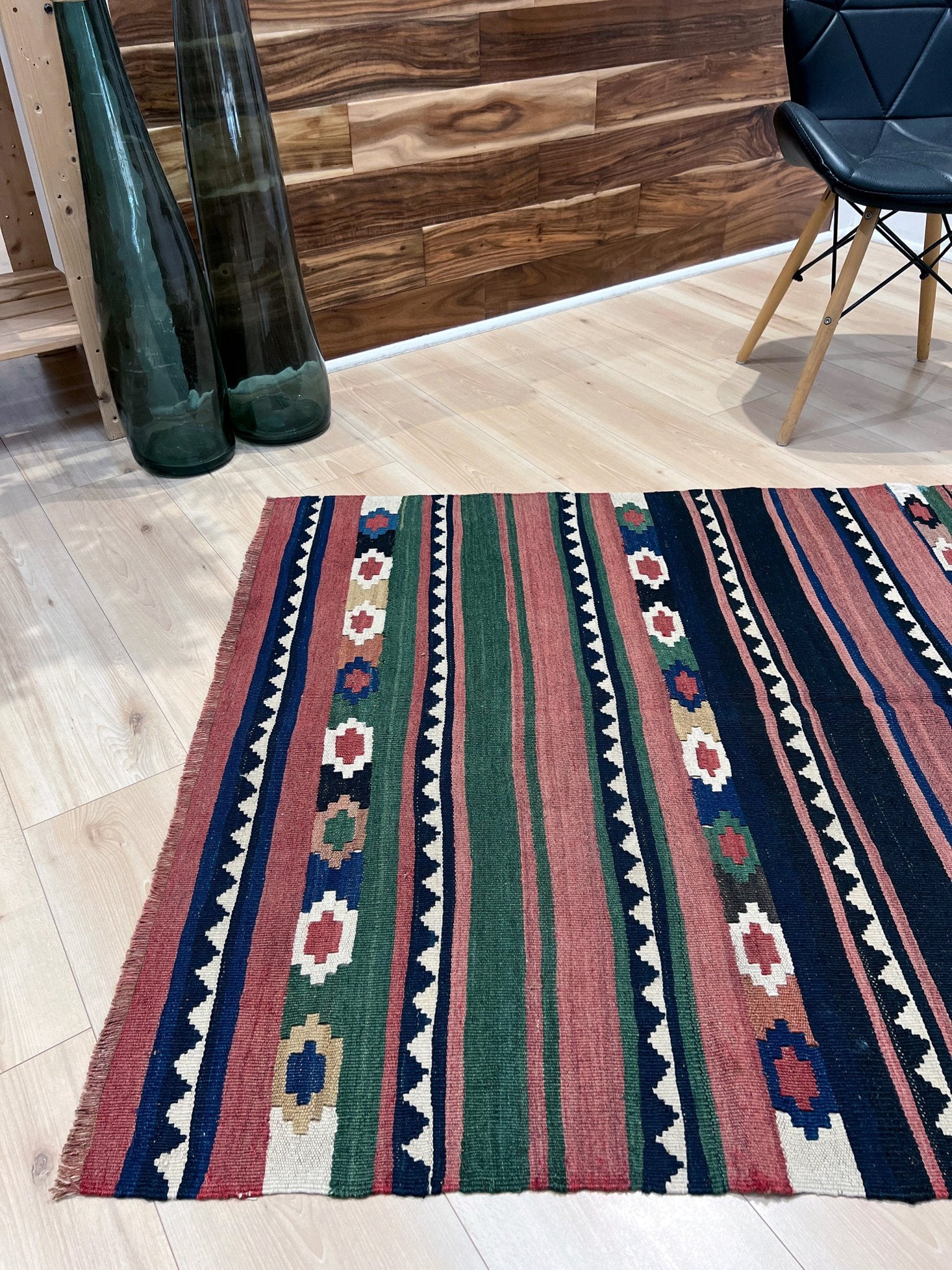 Vintage Caucasian Kilim flatweave rug with rose, green, and navy horizontal stripes and tribal motifs — handmade wool wall hanging from the 1960s, available at Indigo Rugs, the best rug shop in San Francisco Bay Area, Burlingame CA.