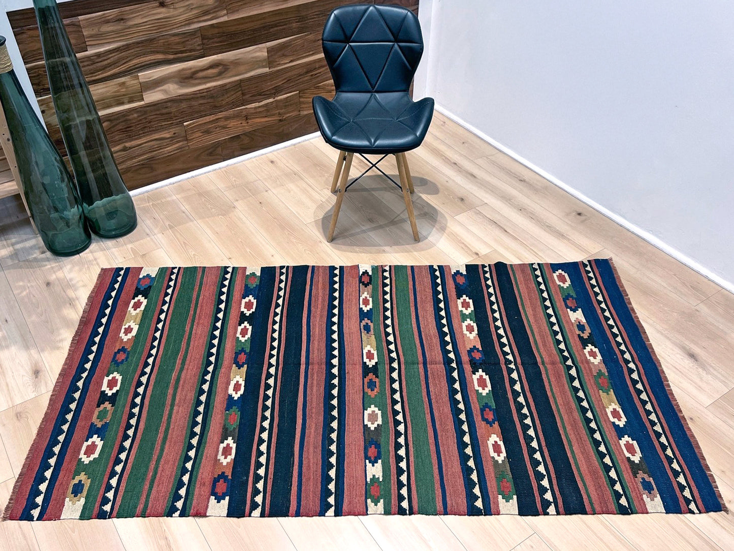 Vintage Caucasian Kilim flatweave rug with rose, green, and navy horizontal stripes and tribal motifs — handmade wool wall hanging from the 1960s, available at Indigo Rugs, the best rug shop in San Francisco Bay Area, Burlingame CA.