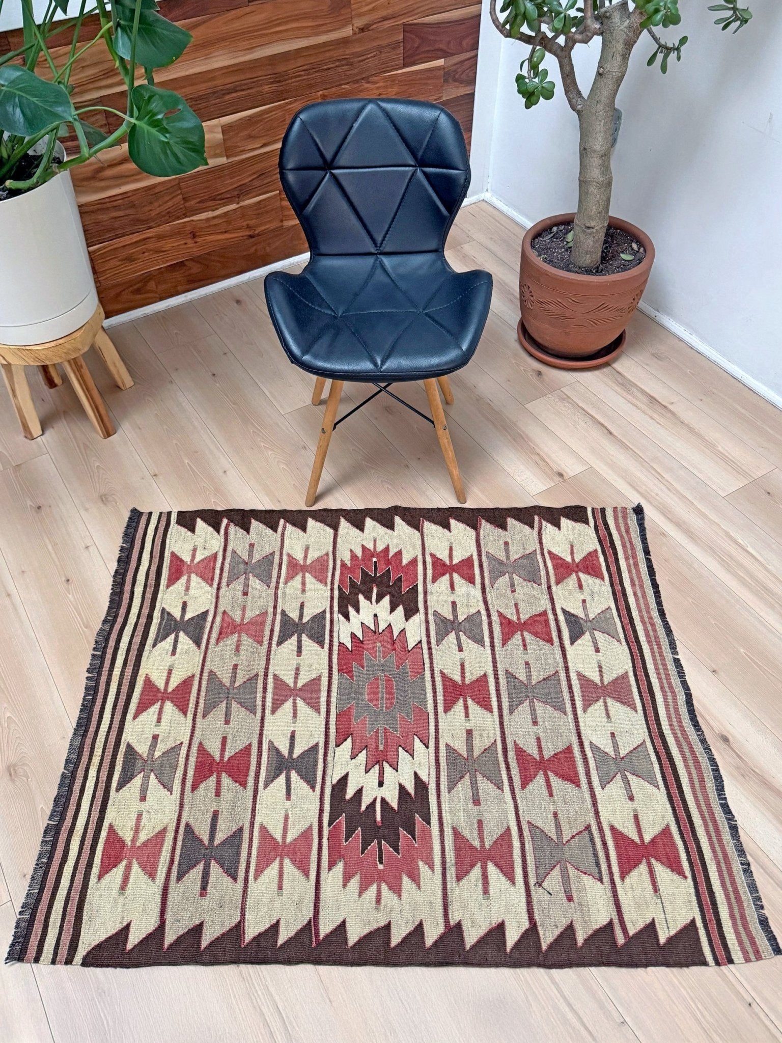 Vintage Mut kilim rug 3x4 in clay rose, warm ivory, and cocoa brown — hand-woven Turkish flatweave, 1970s, sold by Indigo Rugs in Burlingame / San Francisco Bay Area.