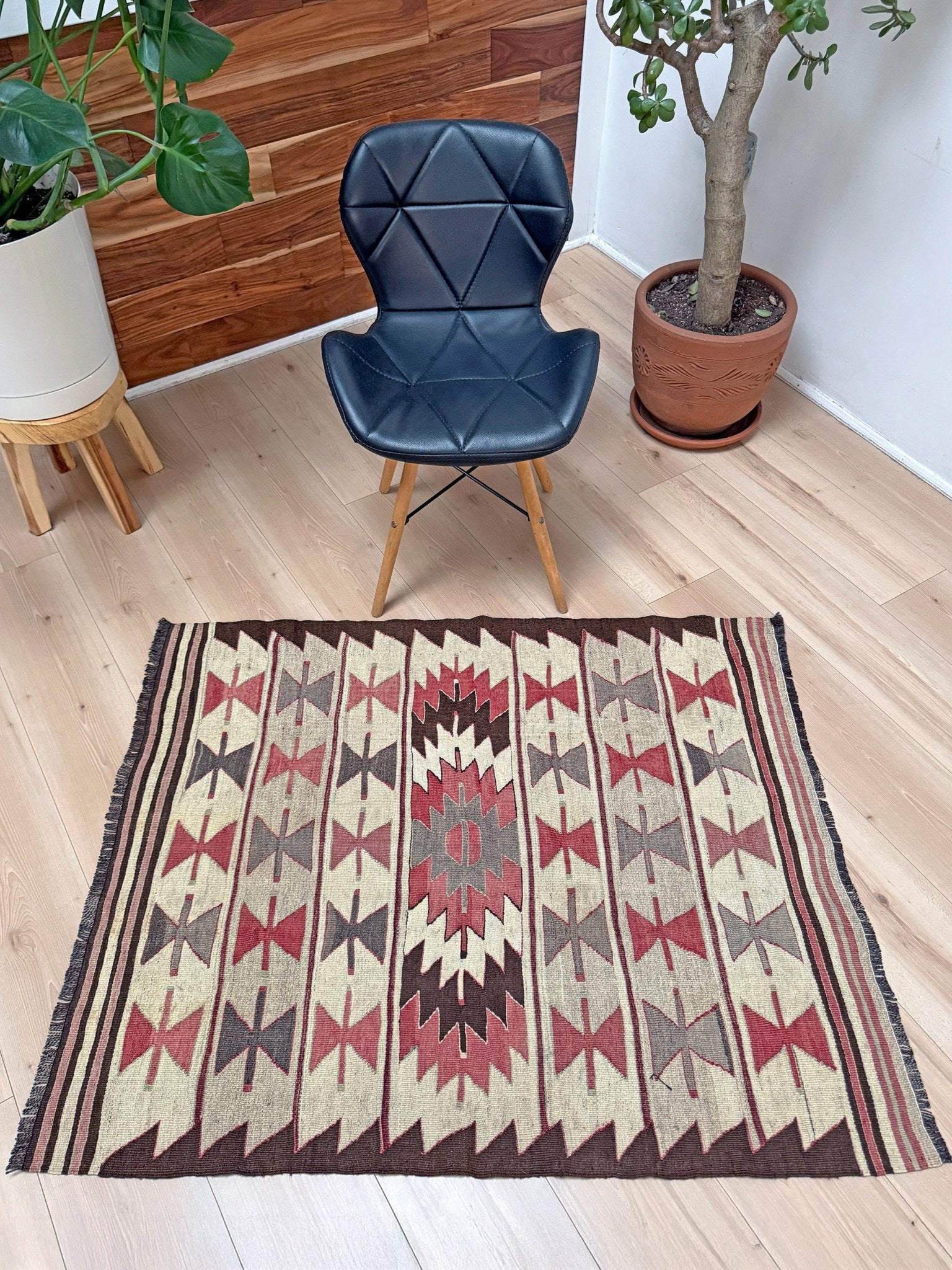 Vintage Mut kilim rug 3x4 in clay rose, warm ivory, and cocoa brown — hand-woven Turkish flatweave, 1970s, sold by Indigo Rugs in Burlingame / San Francisco Bay Area.