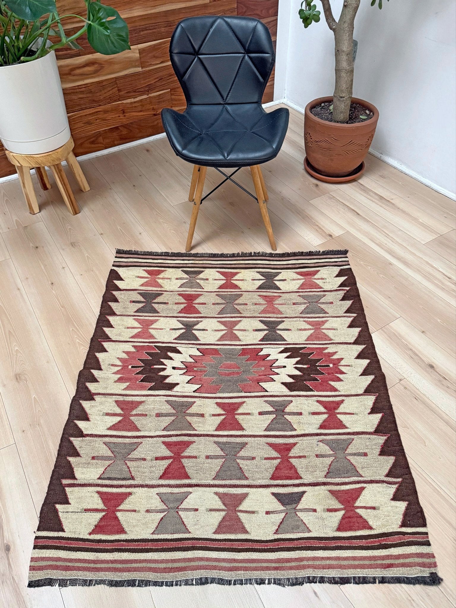 Vintage Mut kilim rug 3x4 in clay rose, warm ivory, and cocoa brown — hand-woven Turkish flatweave, 1970s, sold by Indigo Rugs in Burlingame / San Francisco Bay Area.