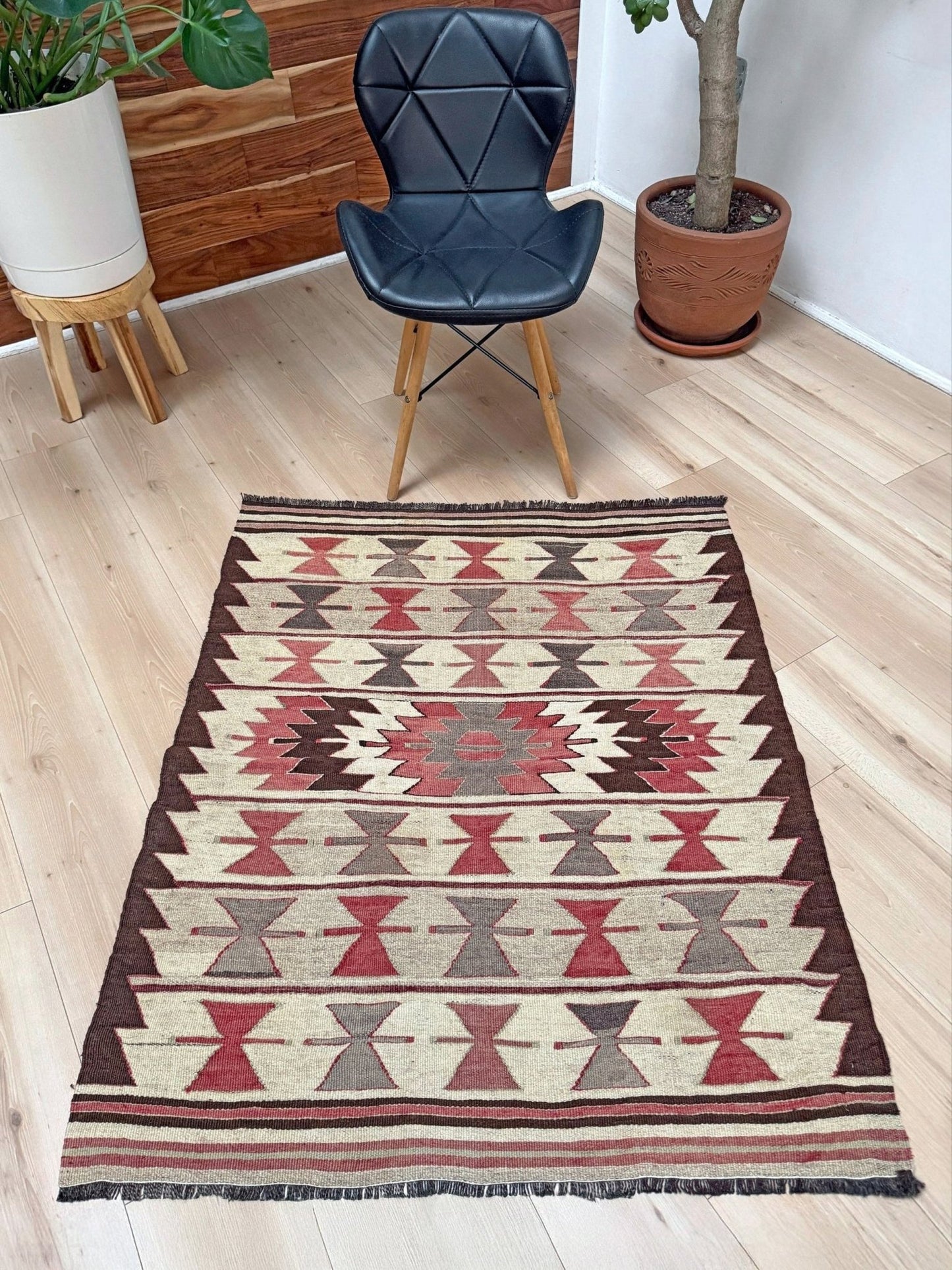 Vintage Mut kilim rug 3x4 in clay rose, warm ivory, and cocoa brown — hand-woven Turkish flatweave, 1970s, sold by Indigo Rugs in Burlingame / San Francisco Bay Area.