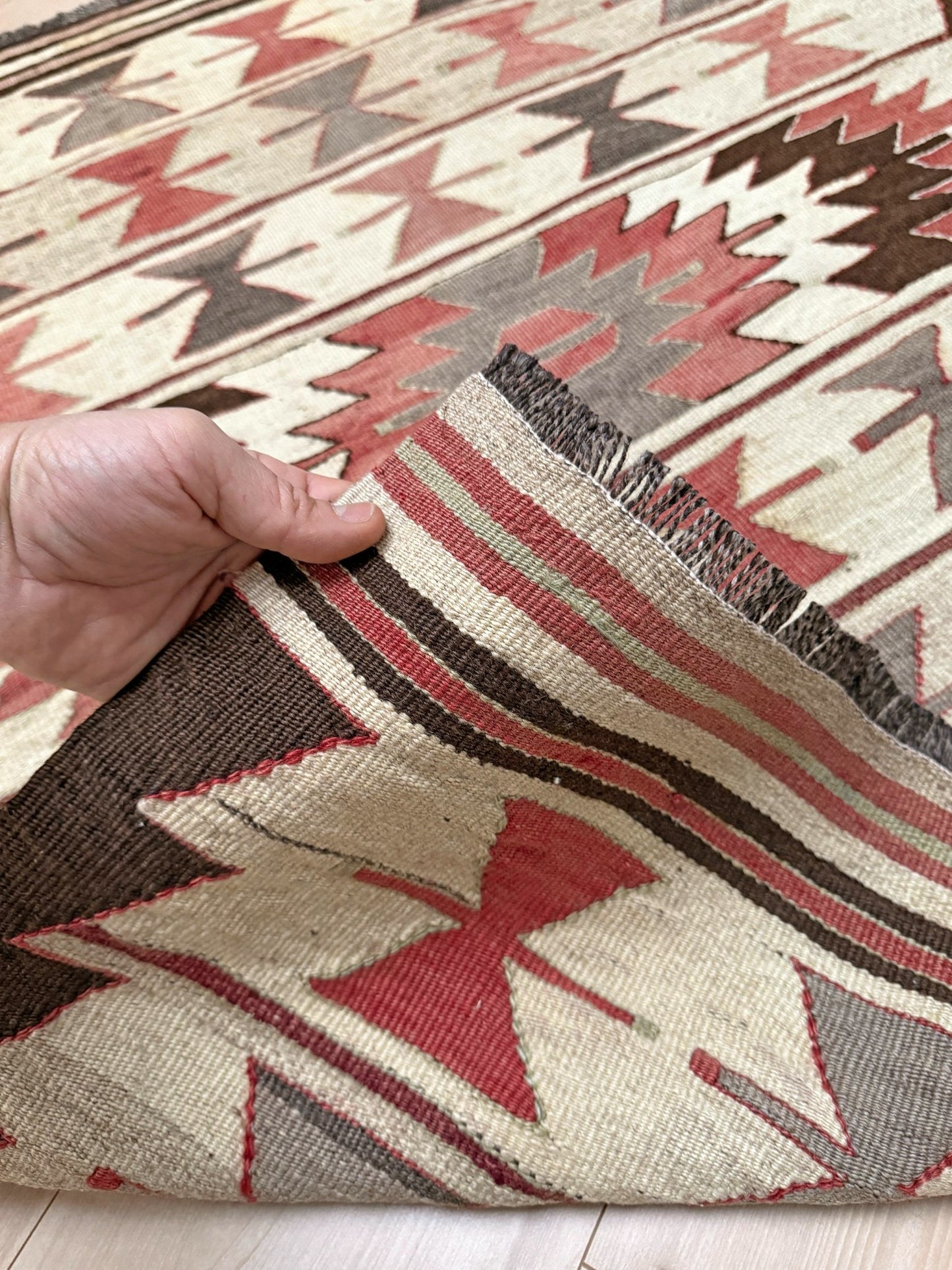 Vintage Mut kilim rug 3x4 in clay rose, warm ivory, and cocoa brown — hand-woven Turkish flatweave, 1970s, sold by Indigo Rugs in Burlingame / San Francisco Bay Area.