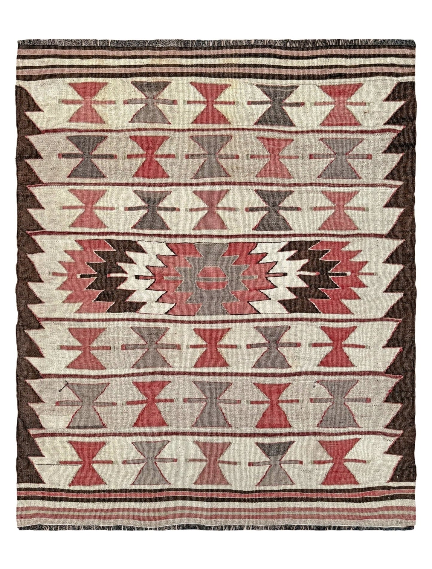 Vintage Mut kilim rug 3x4 in red, brown, and beige — hand-woven Turkish flatweave, 1970s, sold by Indigo Rugs in Burlingame / San Francisco Bay Area.