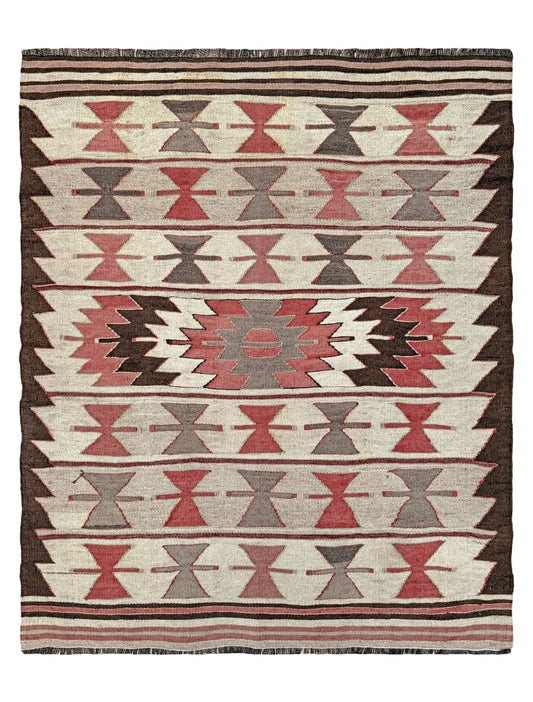Vintage Mut kilim rug 3x4 in red, brown, and beige — hand-woven Turkish flatweave, 1970s, sold by Indigo Rugs in Burlingame / San Francisco Bay Area.