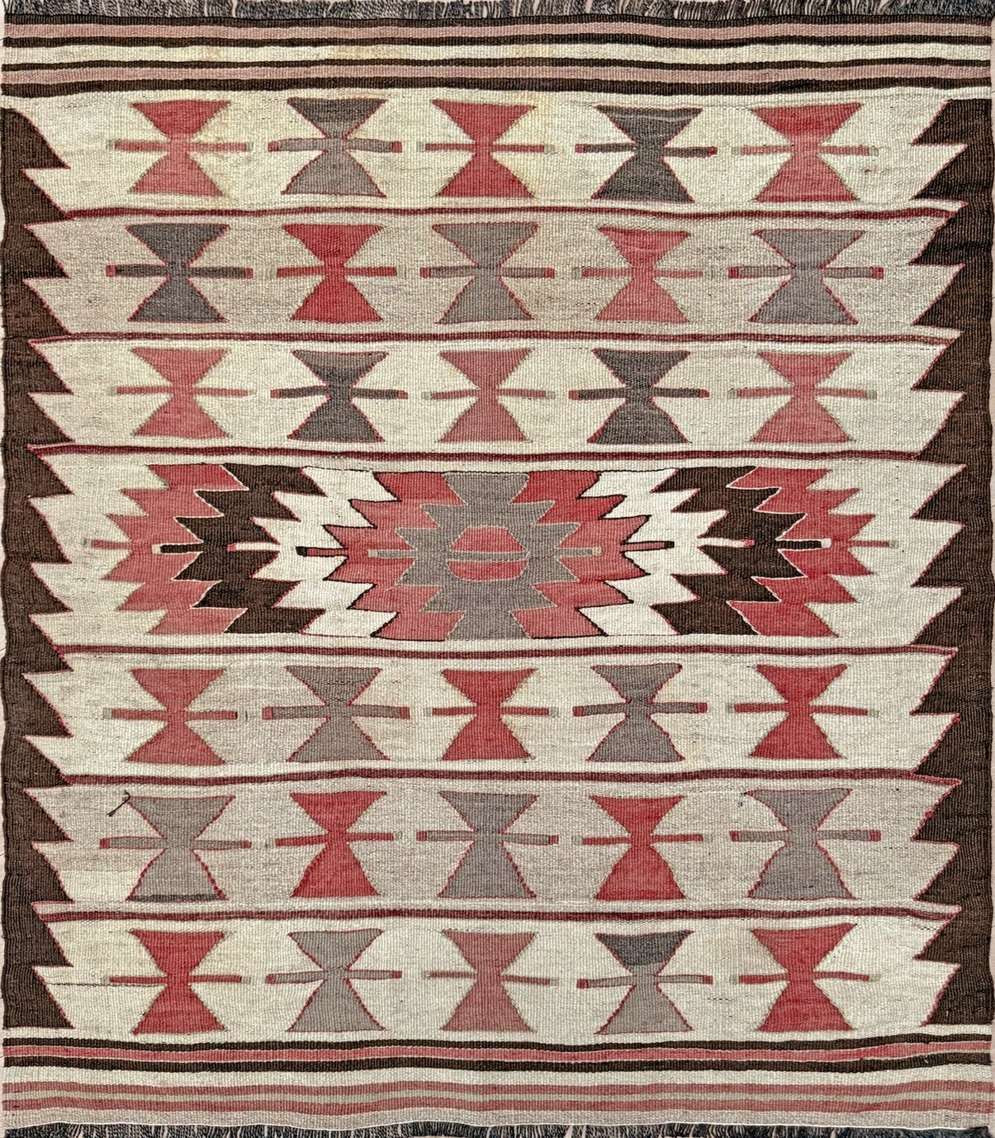 Vintage Mut kilim rug 3x4 in clay rose, warm ivory, and cocoa brown — hand-woven Turkish flatweave, 1970s, sold by Indigo Rugs in Burlingame / San Francisco Bay Area.