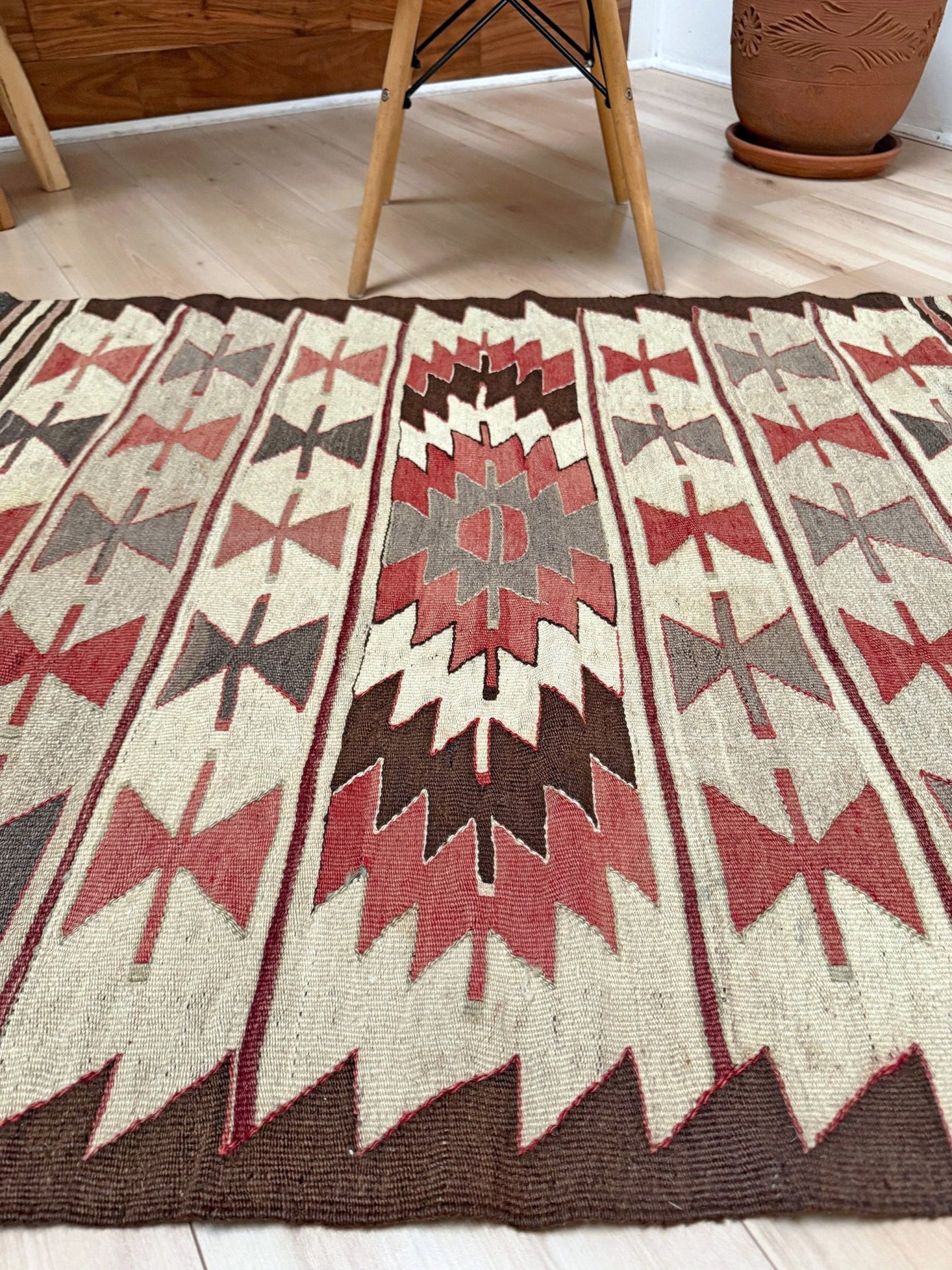 Vintage Mut kilim rug 3x4 in clay rose, warm ivory, and cocoa brown — hand-woven Turkish flatweave, 1970s, sold by Indigo Rugs in Burlingame / San Francisco Bay Area.