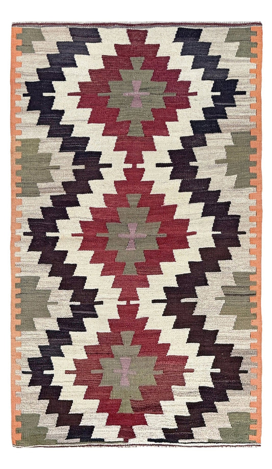Navajo-style Mut Turkish kilim rug in earthy red, olive green, ivory, and orange, handwoven wool flatweave with bold geometric medallions, vintage tribal accent rug 2x5 for living room, bedroom, or entryway.