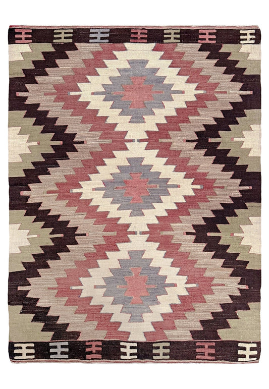 Muted Vintage Mut kilim 4x6 with Navajo-style medallions in beige and green — handmade Turkish flatweave, Indigo Rugs, best rug shop Burlingame CA / San Francisco Bay Area.