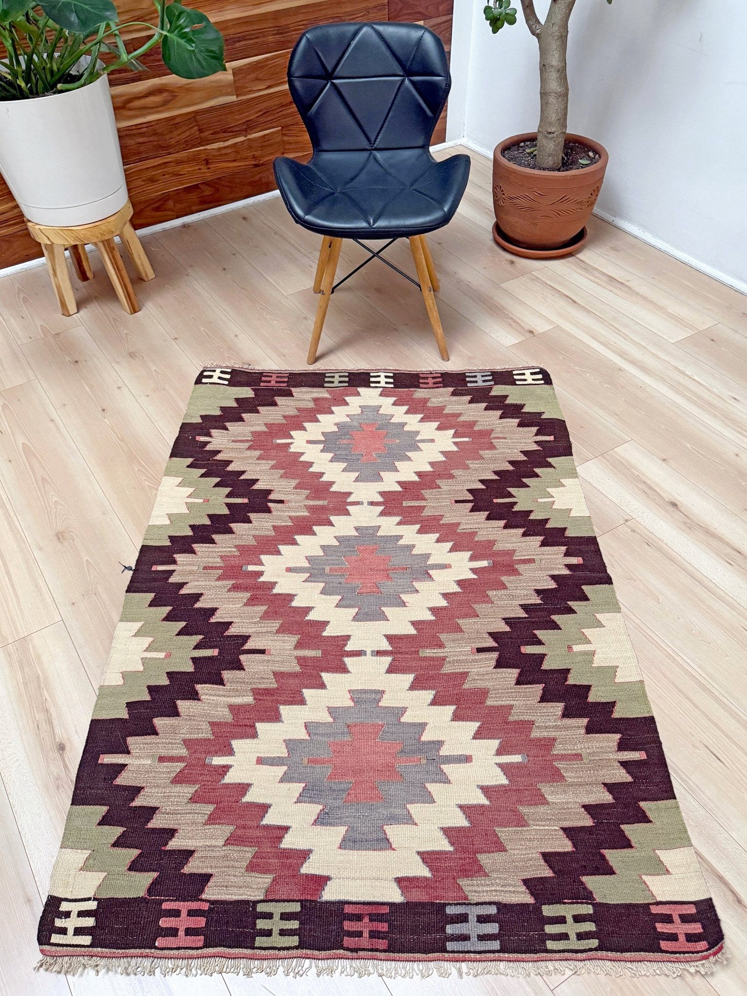 Vintage Mut kilim 4x6 with Navajo-style medallions in terracotta and sage — handmade Turkish flatweave, Indigo Rugs, best rug shop Burlingame CA / San Francisco Bay Area.
