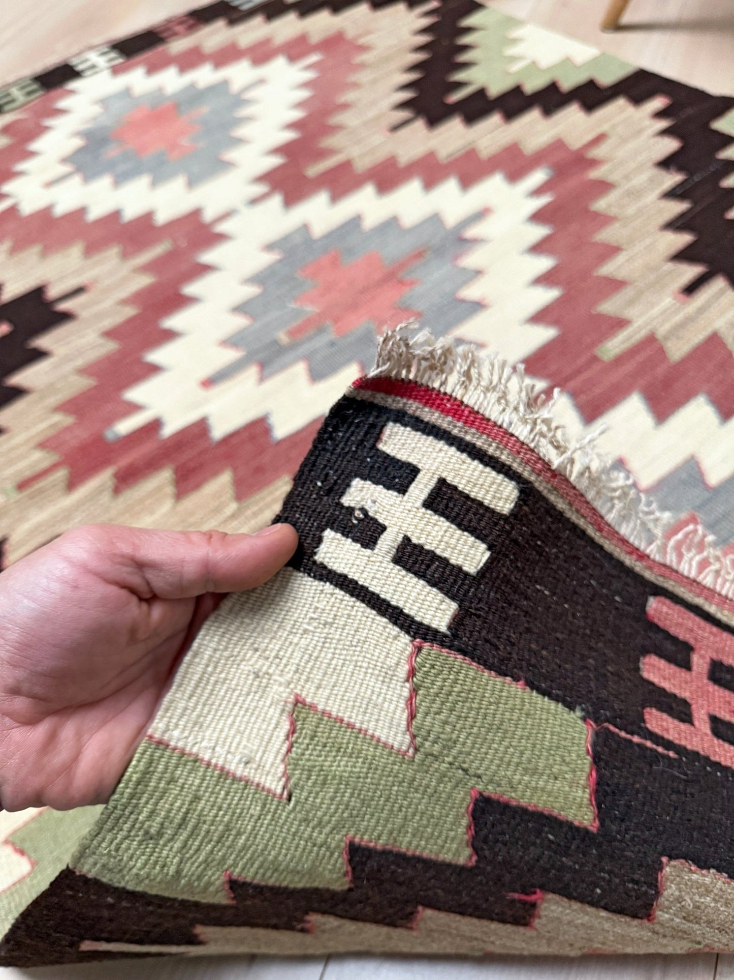 4x5 Navajo style turkish kilim wool rug for bedroom nursey kitchen entry flatweave rug  shop san francisco bay area. Handmade wool flatweave rug.