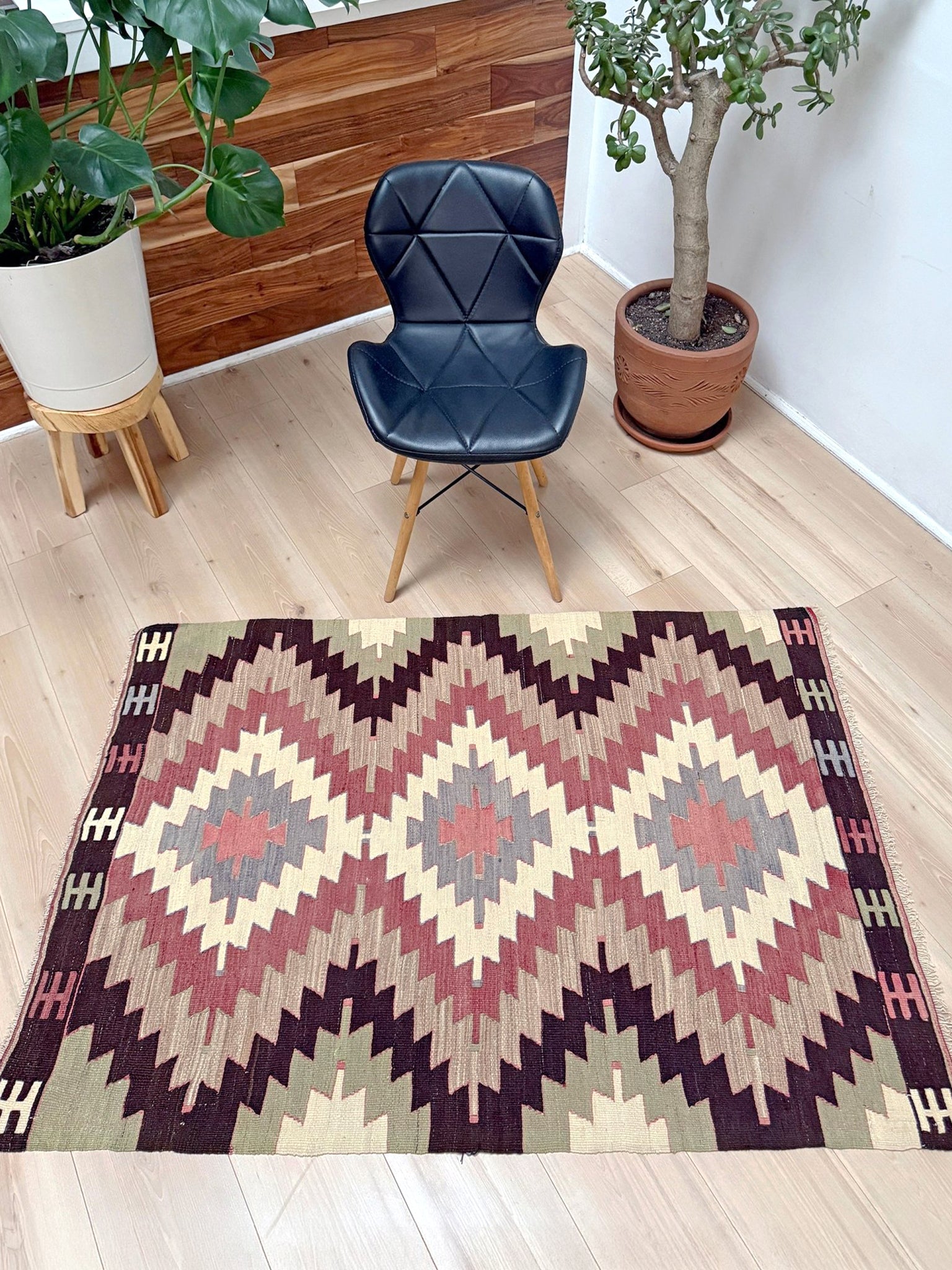 Vintage Mut kilim 4x6 with Navajo-style medallions in terracotta and sage — handmade Turkish flatweave, Indigo Rugs, best rug shop Burlingame CA / San Francisco Bay Area.