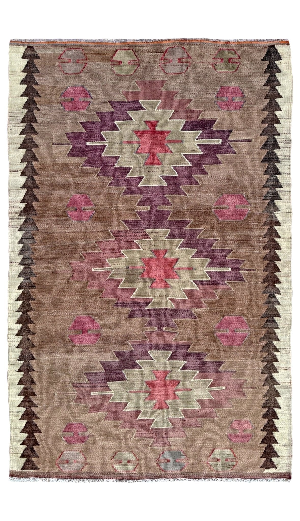 Vintage Mut kilim rug 3x5 with Navajo-style stepped medallions in taupe and rose — handmade geometric design Turkish flatweave, available at Indigo Rugs, best rug shop in San Francisco Bay Area, Burlingame CA.