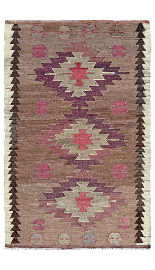 Vintage Mut kilim rug 3x5 with Navajo-style stepped medallions in taupe and rose — handmade geometric design Turkish flatweave, available at Indigo Rugs, best rug shop in San Francisco Bay Area, Burlingame CA.