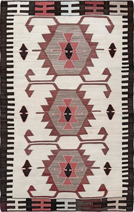Vintage Mut Turkish kilim 3x5 with tribal medallions in warm ivory, terracotta rose, taupe-grey. Handmade Turkish flatweave, sold by Indigo Rugs in Burlingame / San Francisco Bay Area. Free Shipping
