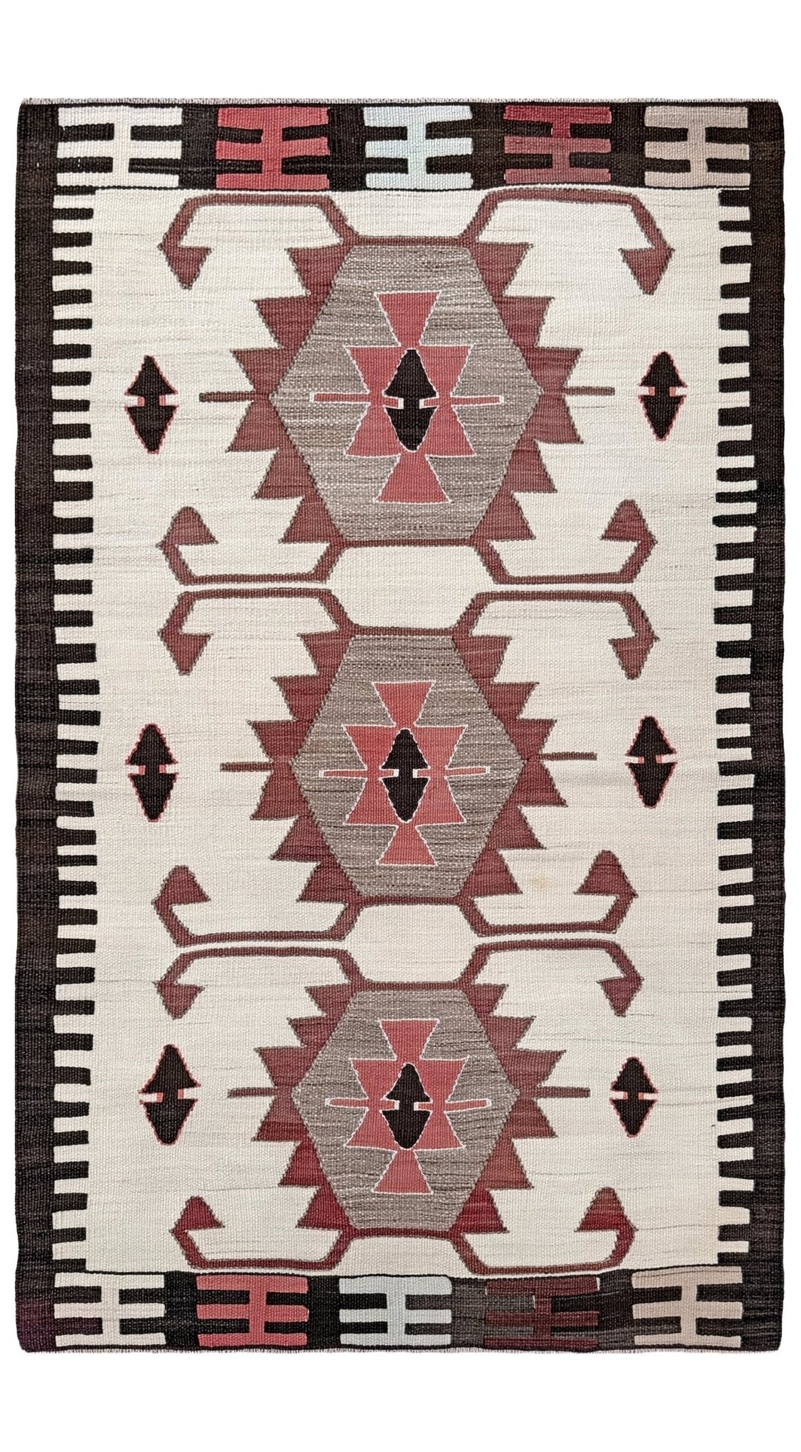 Vintage Mut Turkish kilim 3x5 with tribal medallions in white, black, grey. Handmade Turkish flatweave, sold by Indigo Rugs in Burlingame / San Francisco Bay Area. Free Shipping