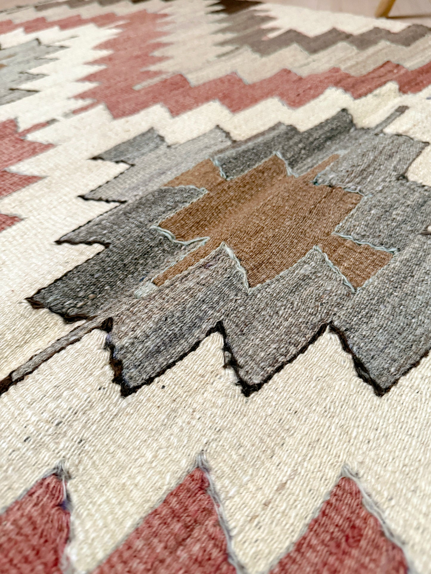 Vintage Mut kilim rug 3x6 in clay rose, ivory, and saddle brown — hand-woven Turkish flatweave, 1970s, sold by Indigo Rugs, Burlingame CA / San Francisco Bay Area.