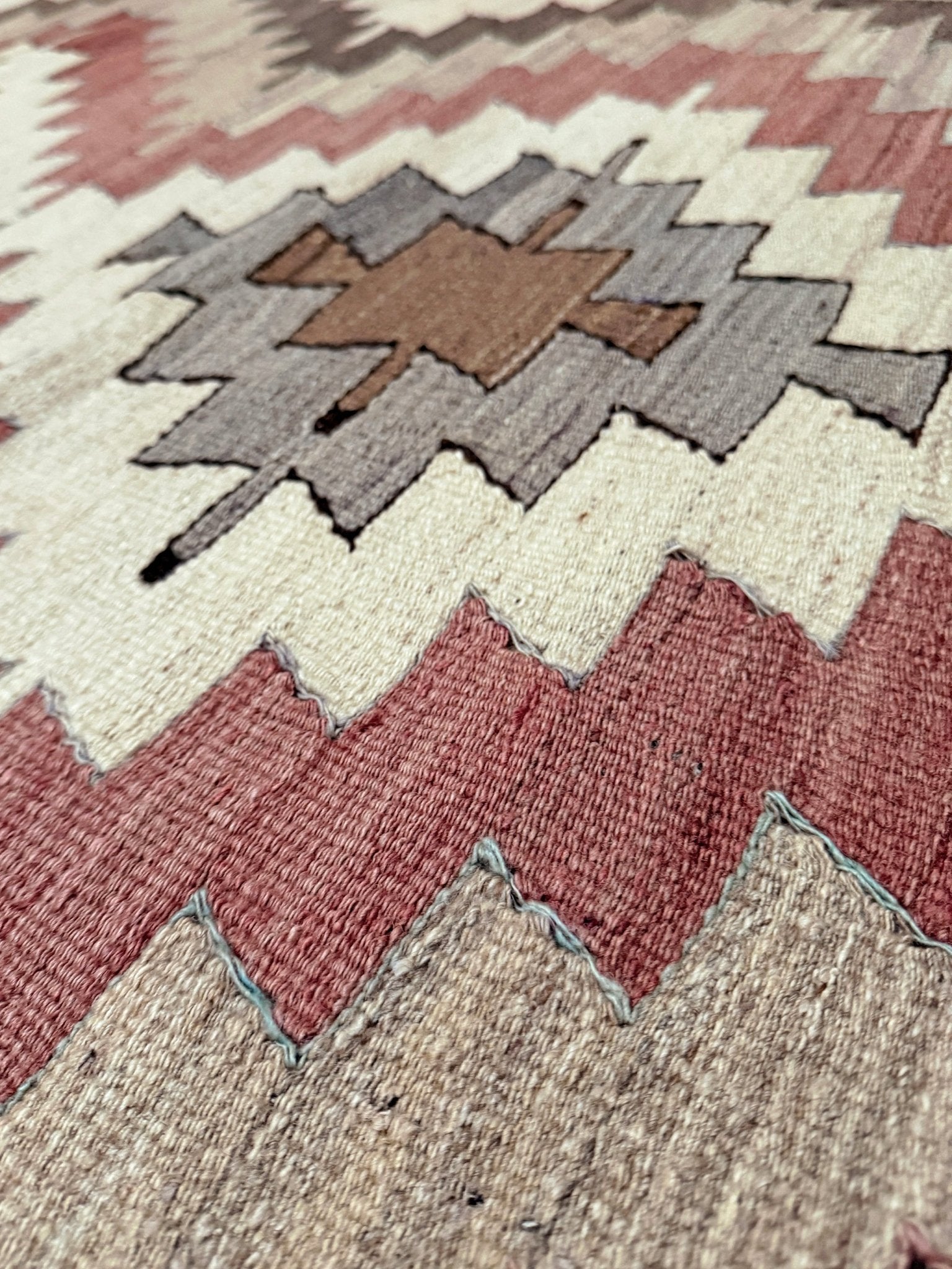 4x6 Navajo style muted turkish kilim wool rug for bedroom nursery kitchen entry tribal flatweave rug  shop san francisco bay area. Handmade wool flatweave rug.