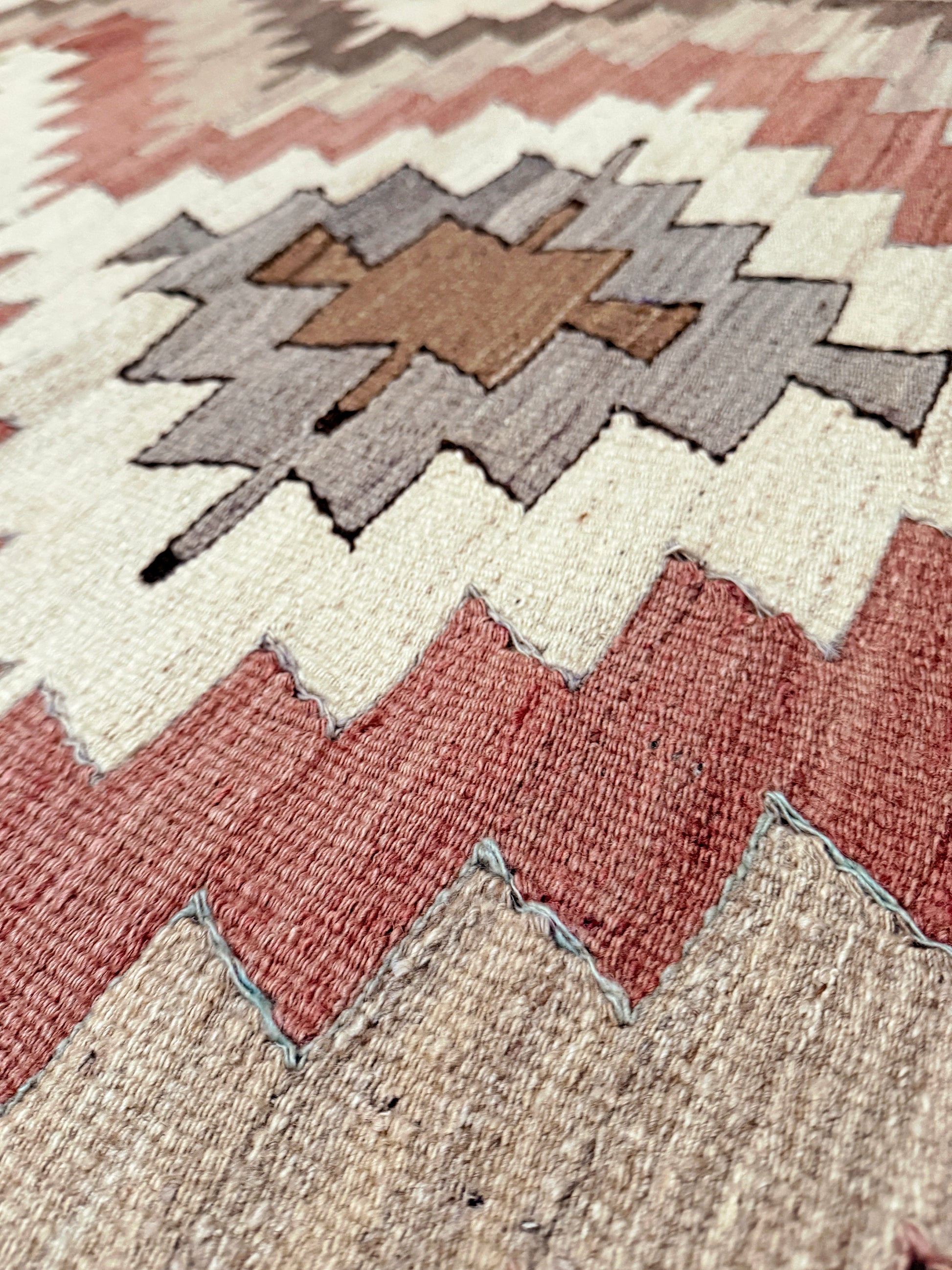 Vintage Mut kilim rug 3x6 in clay rose, ivory, and saddle brown — hand-woven Turkish flatweave, 1970s, sold by Indigo Rugs, Burlingame CA / San Francisco Bay Area.
