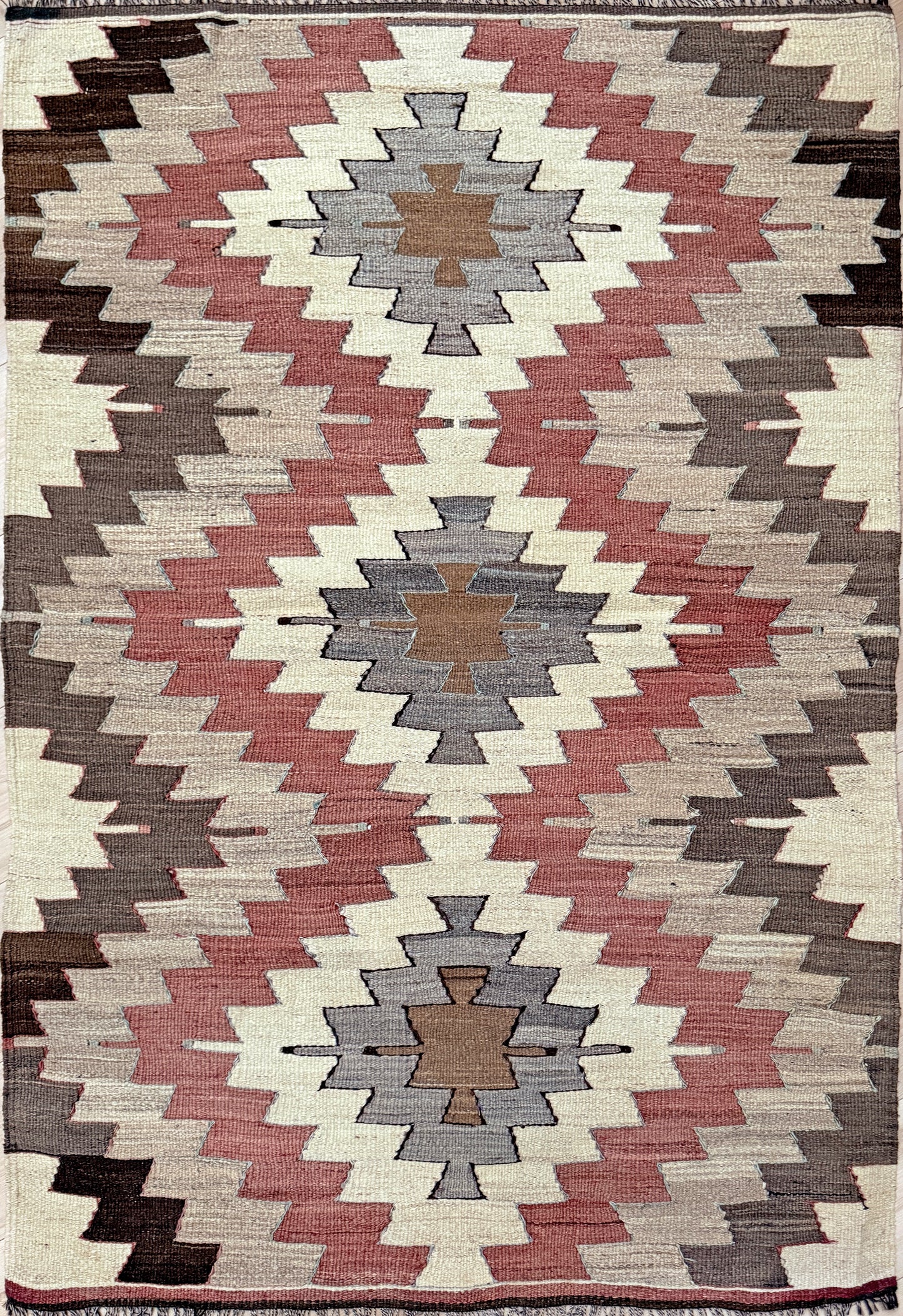 Vintage Mut kilim rug 3x6 in clay rose, ivory, and saddle brown — hand-woven Turkish flatweave, 1970s, sold by Indigo Rugs, Burlingame CA / San Francisco Bay Area.