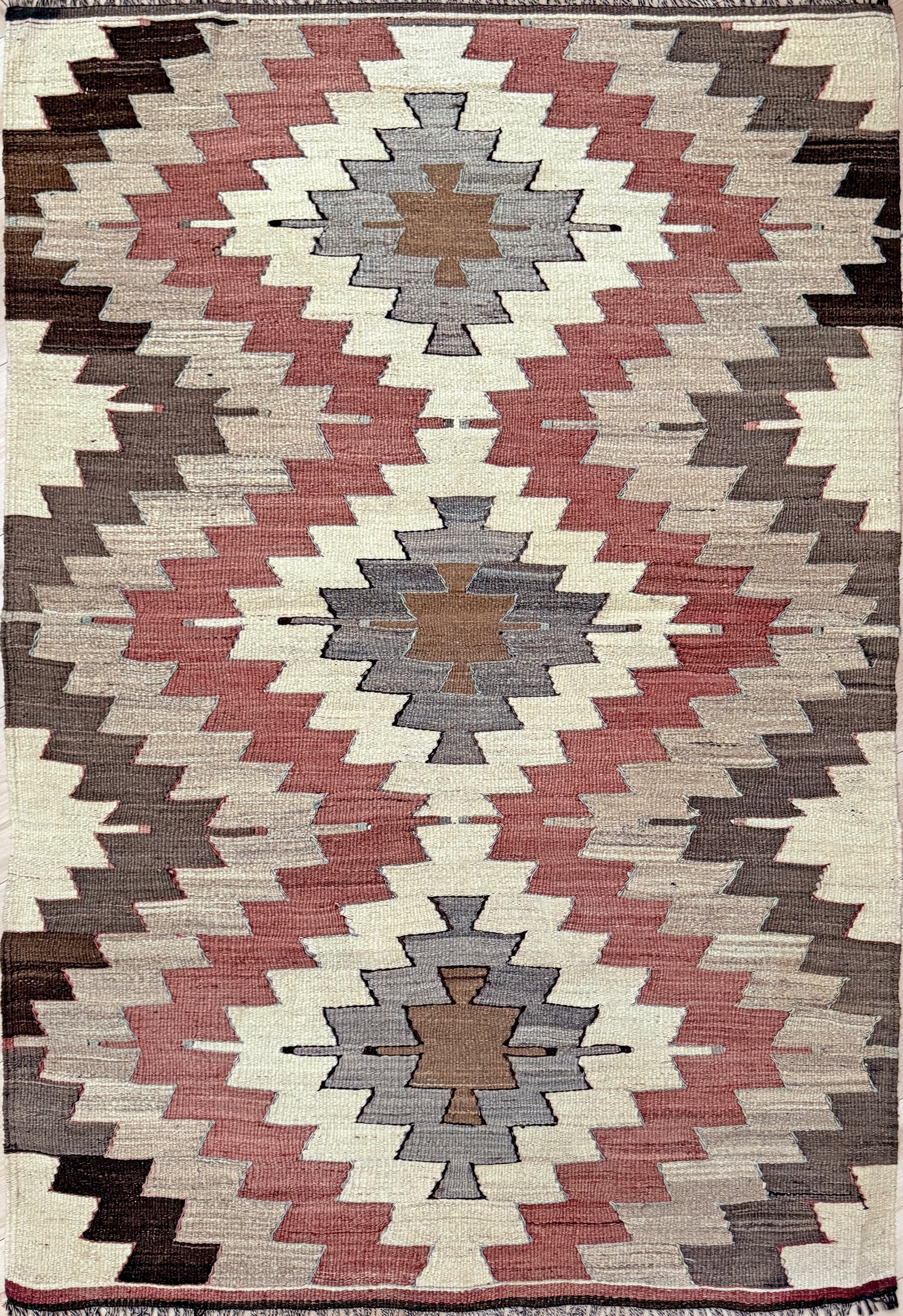 Vintage Mut kilim rug 3x6 in clay rose, ivory, and saddle brown — hand-woven Turkish flatweave, 1970s, sold by Indigo Rugs, Burlingame CA / San Francisco Bay Area.